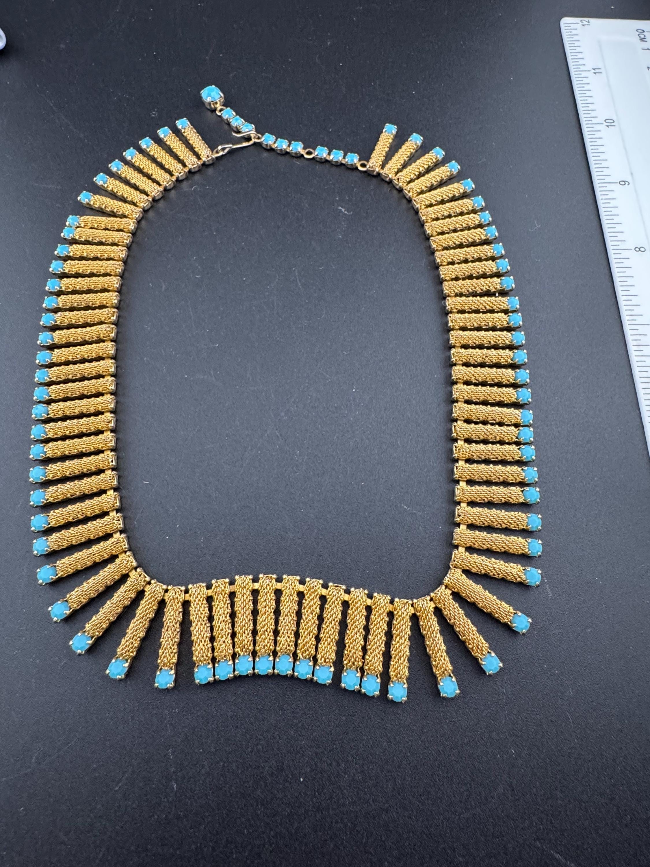 Vintage 1960s gold fringe necklace with turquoise glass paste stones