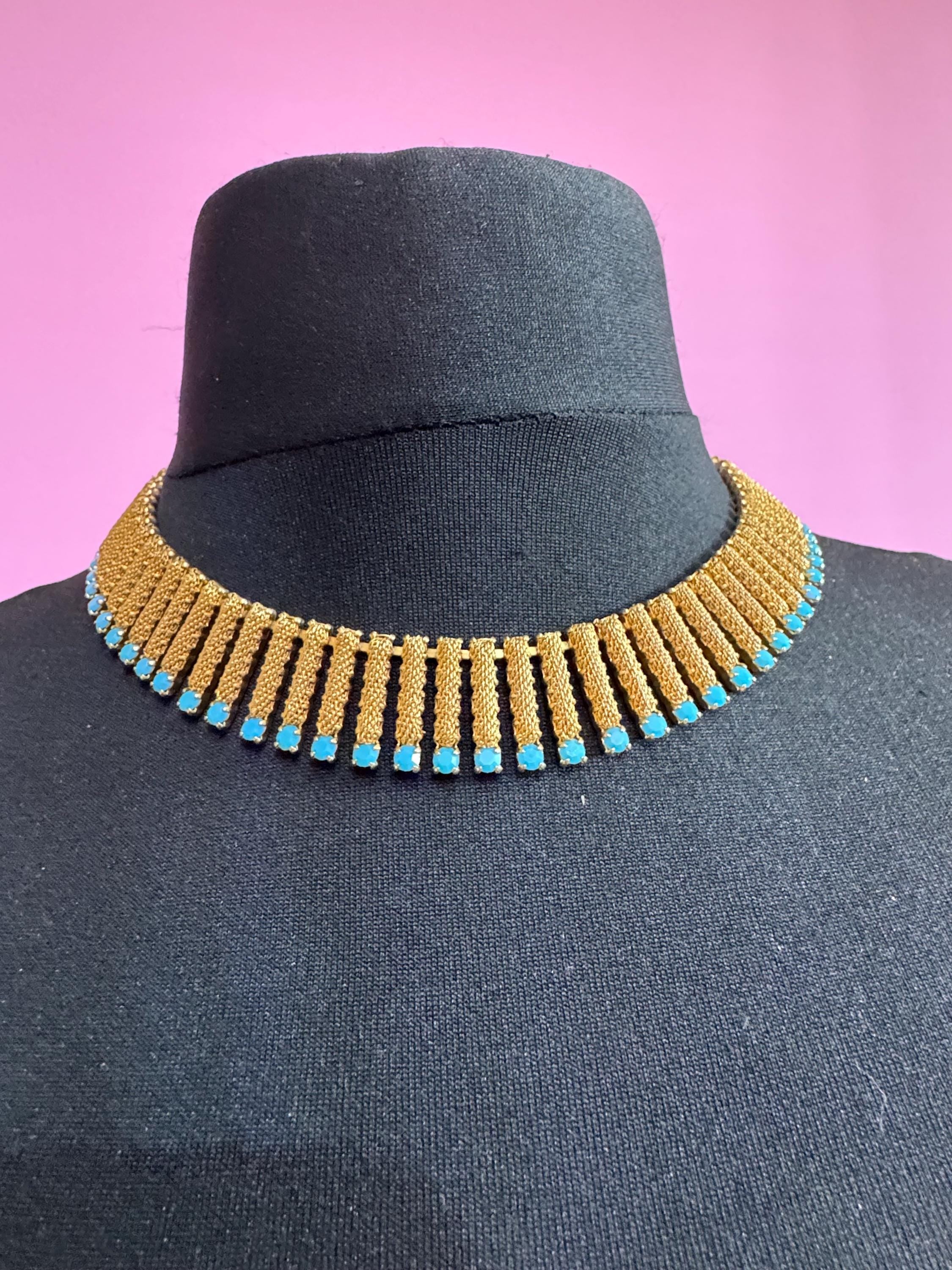 Vintage 1960s gold fringe necklace with turquoise glass paste stones