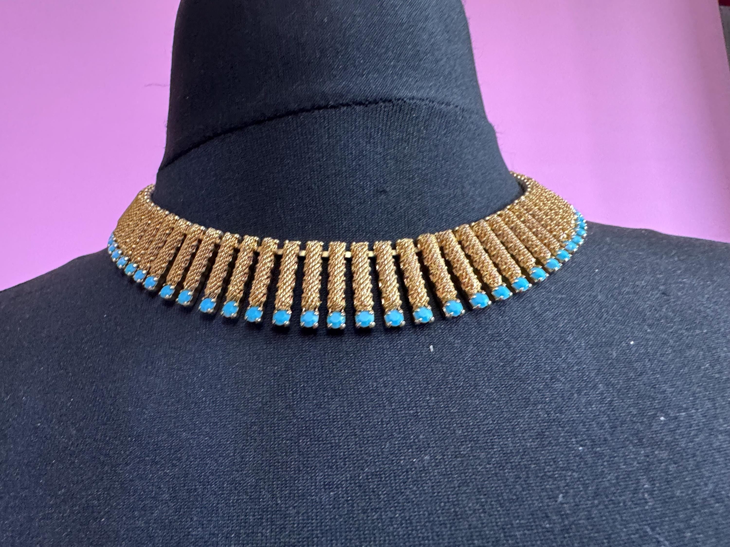 Vintage 1960s gold fringe necklace with turquoise glass paste stones