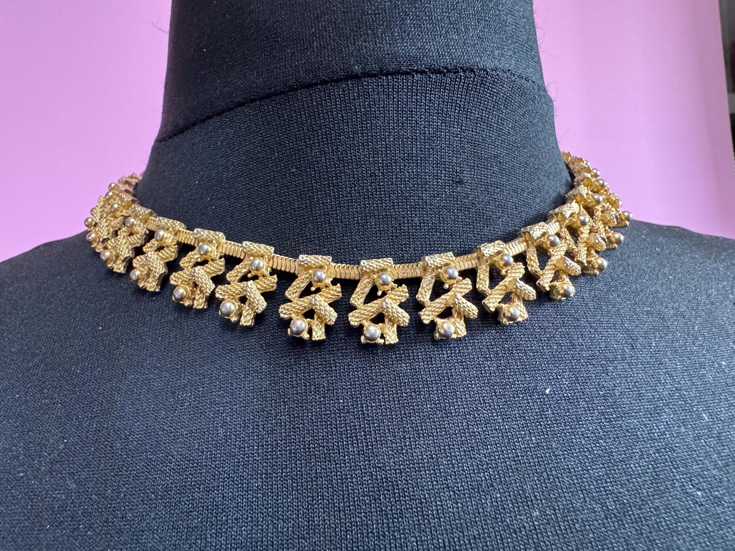 Vintage gold tone brutalist modernist textured choker necklace
