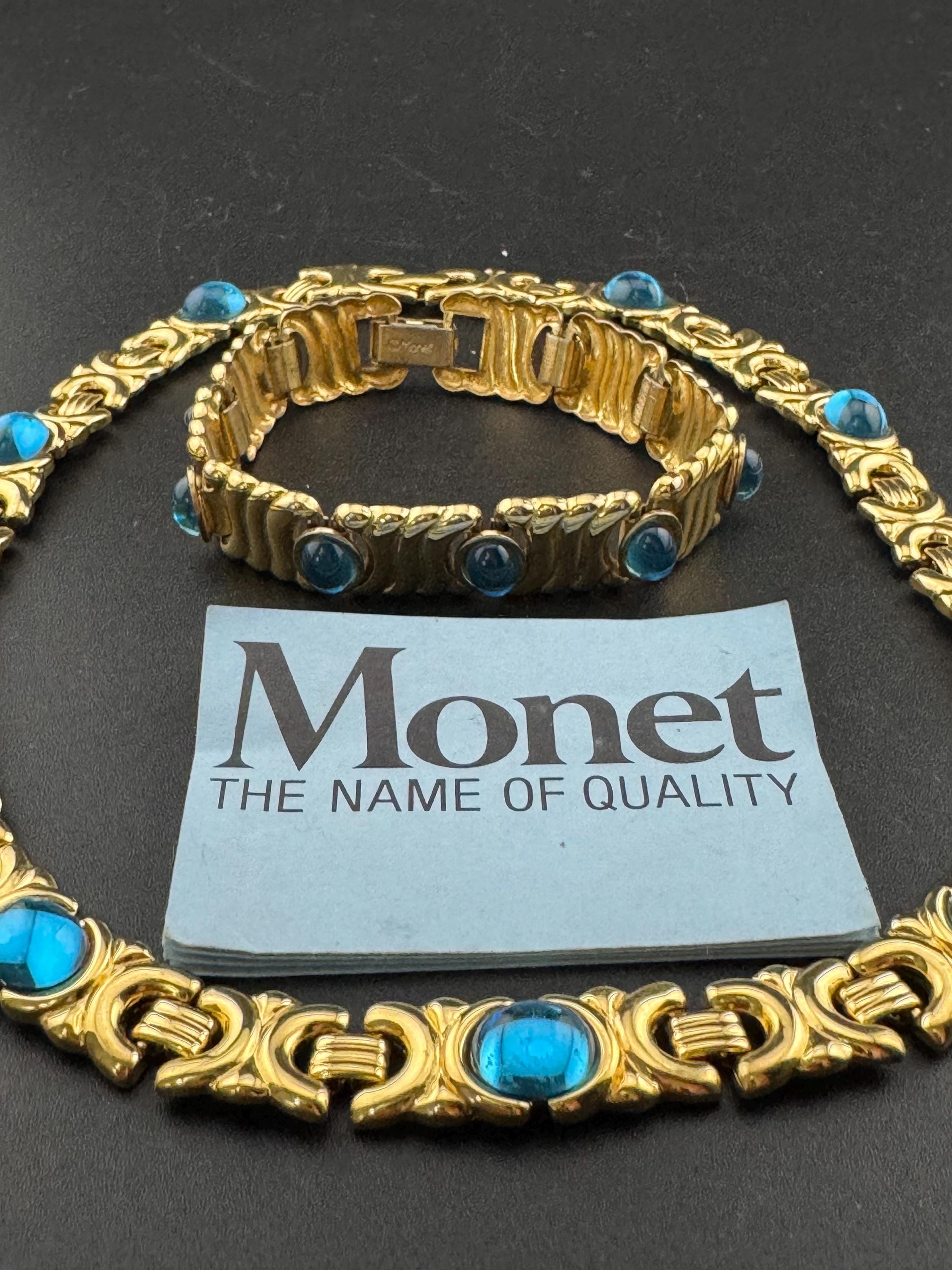 Vintage 1980s signed MONET jewellery set gold collar necklace and bracelet set with turquoise blue cabochons