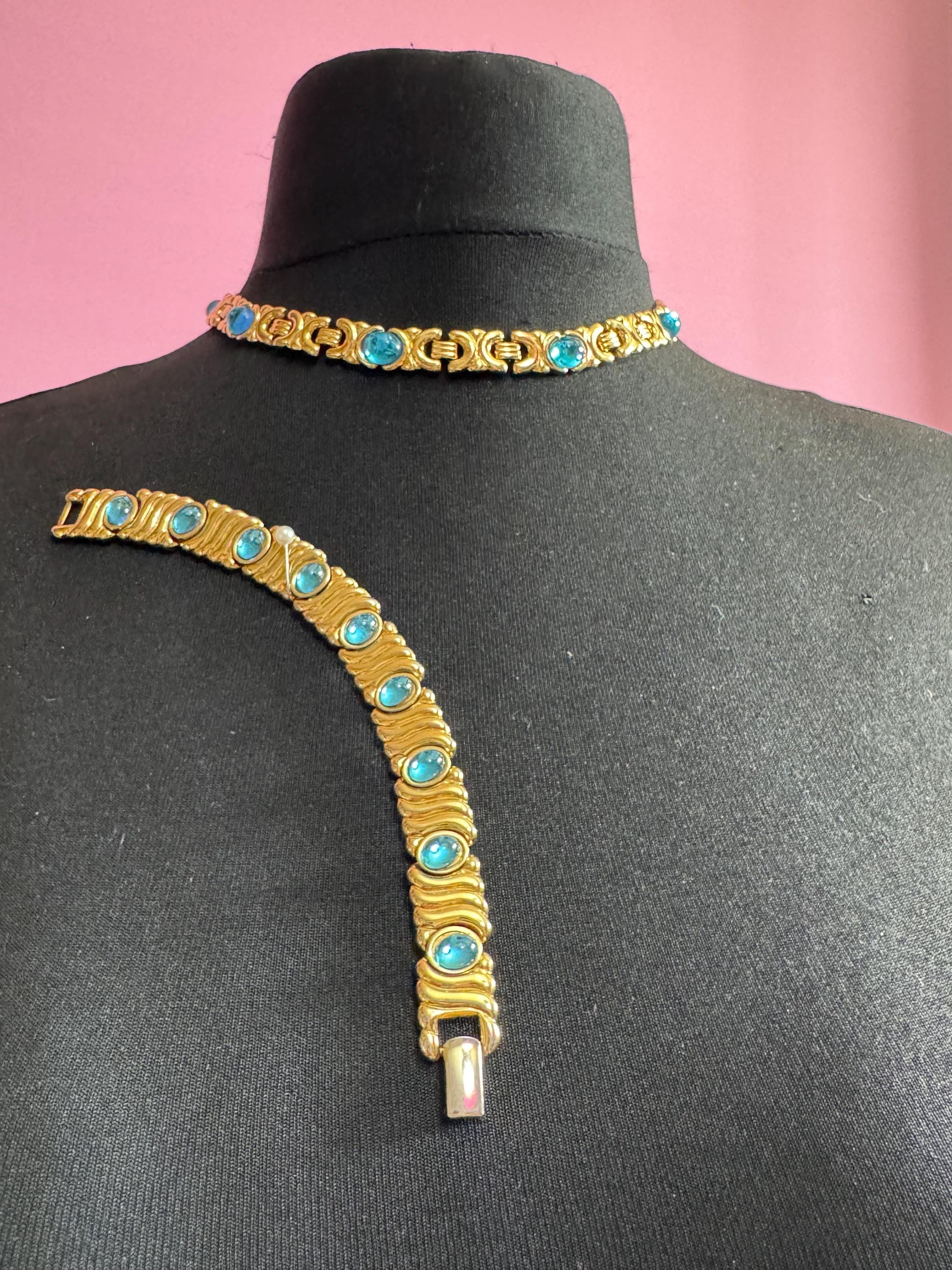 Vintage 1980s signed MONET jewellery set gold collar necklace and bracelet set with turquoise blue cabochons