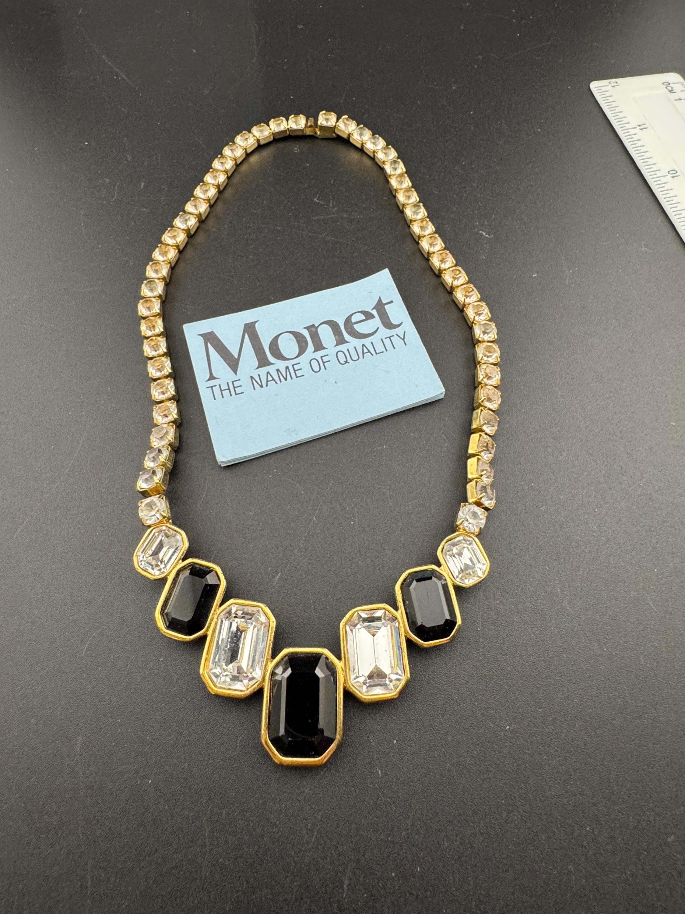 Vintage gold tone octagon shaped black abd clear diamante chunky choker necklace high end statement jewellery 80s 90s