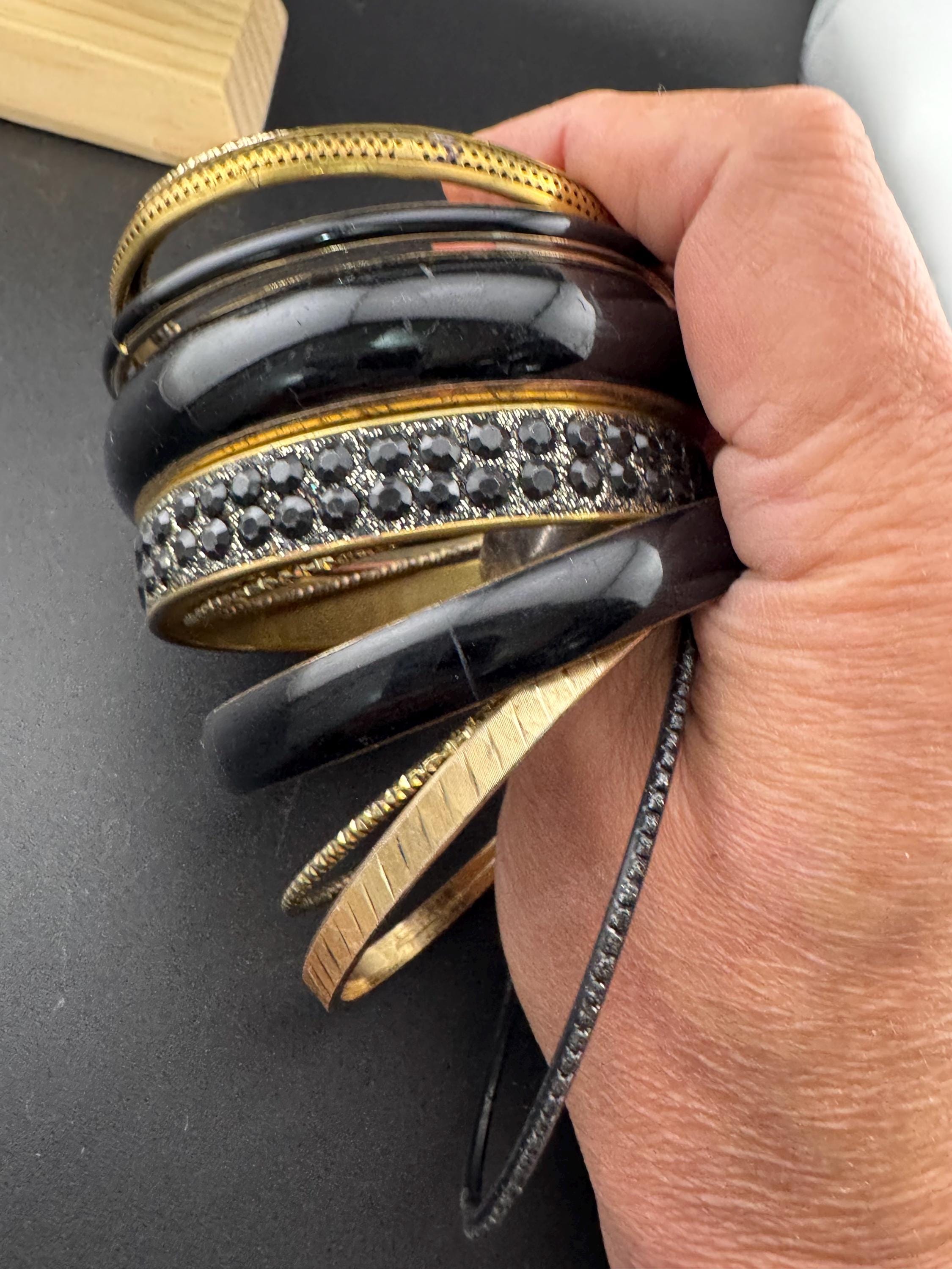Vintage Gold & Black Stacking Bangles: Boho Hippy Festival Bracelets