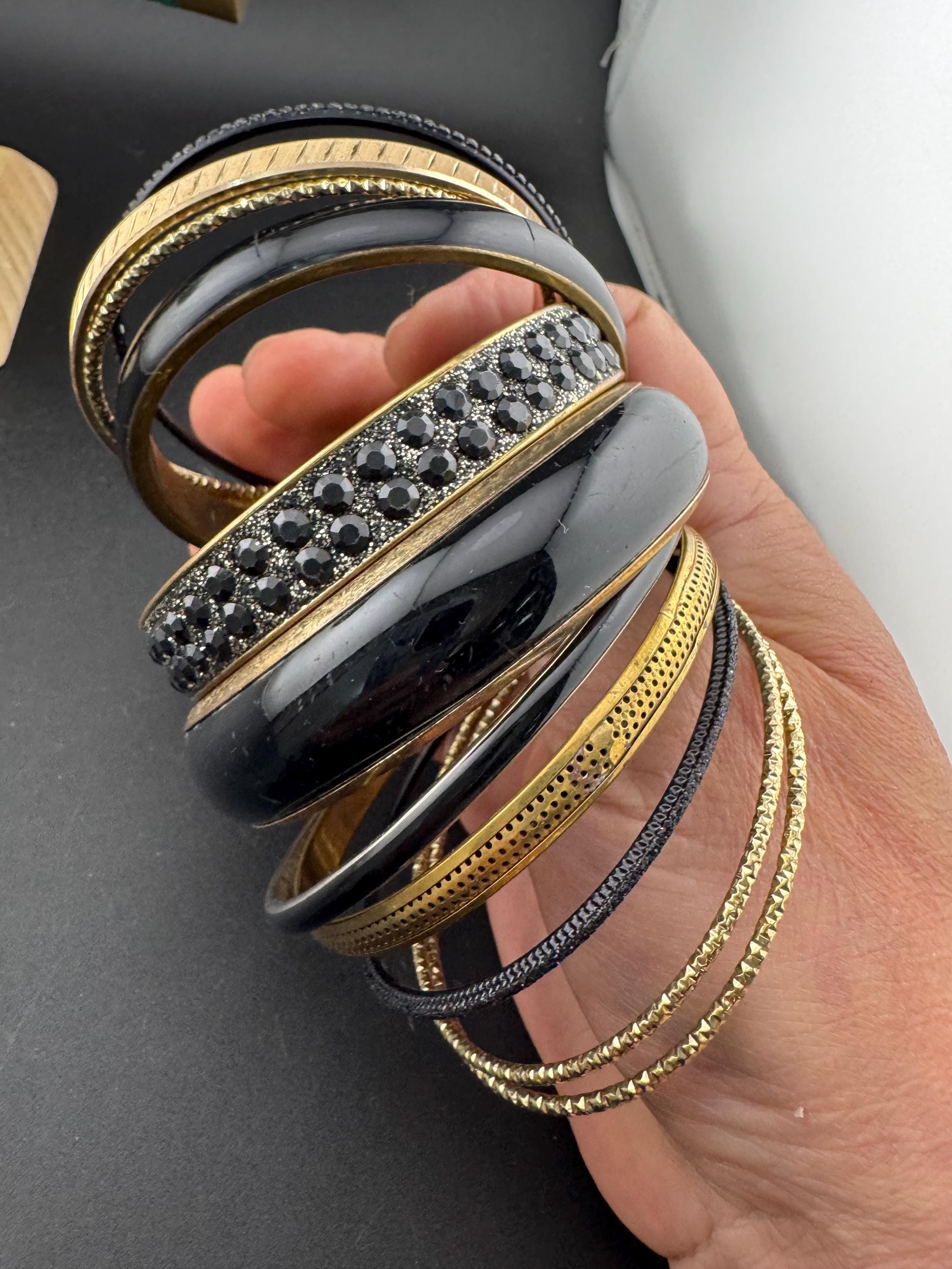 Vintage Gold & Black Stacking Bangles: Boho Hippy Festival Bracelets