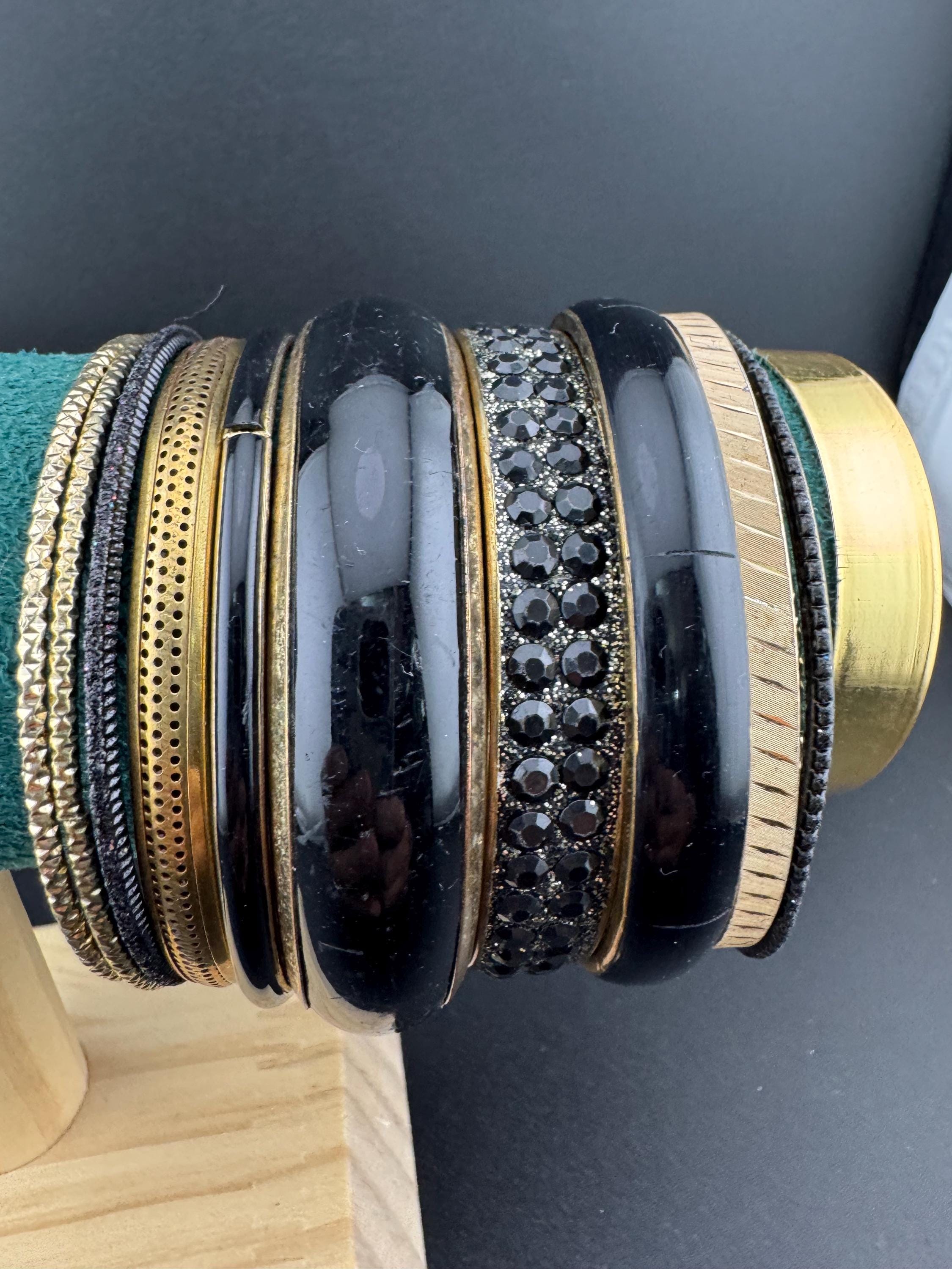 Gold and black tones vintage curated set of stacking bangles Bangle stack eastern metal hippy boho festival bracelets