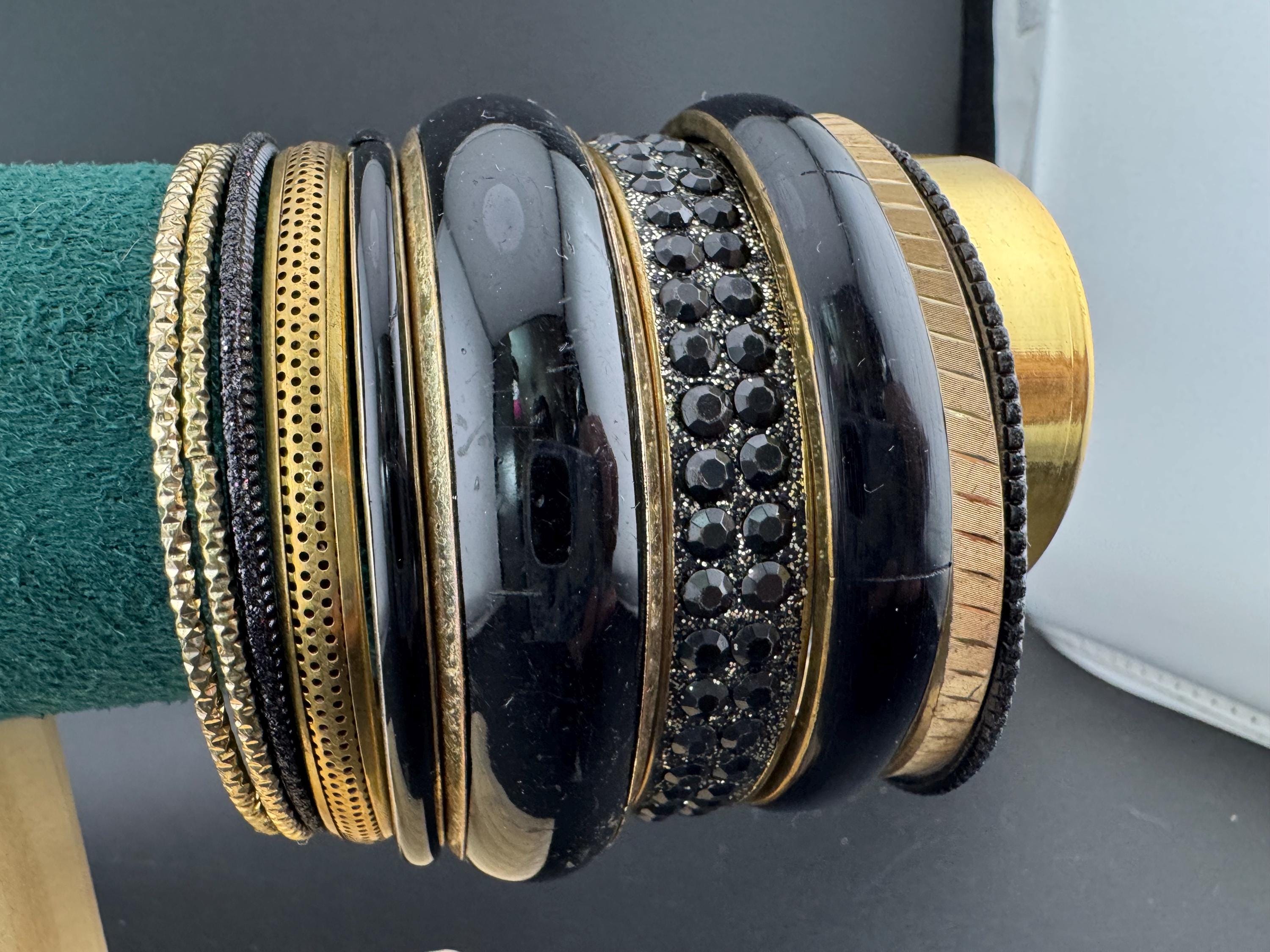 Vintage Gold & Black Stacking Bangles: Boho Hippy Festival Bracelets