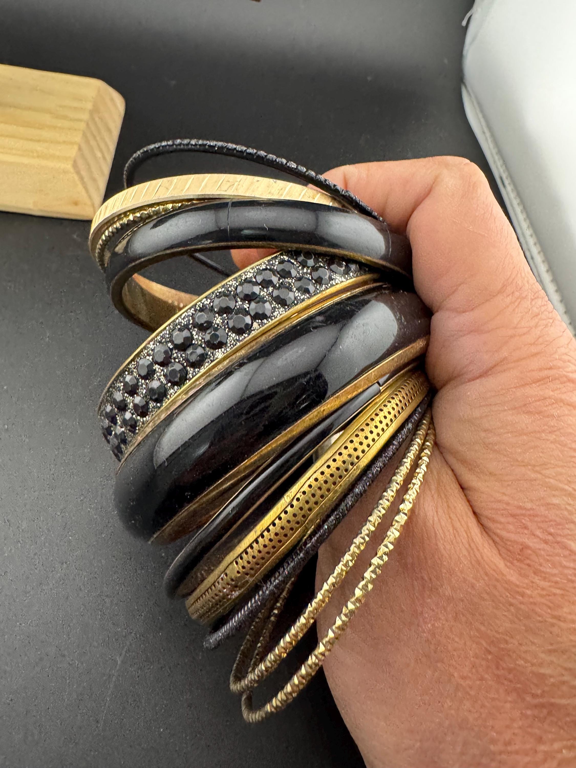 Vintage Gold & Black Stacking Bangles: Boho Hippy Festival Bracelets