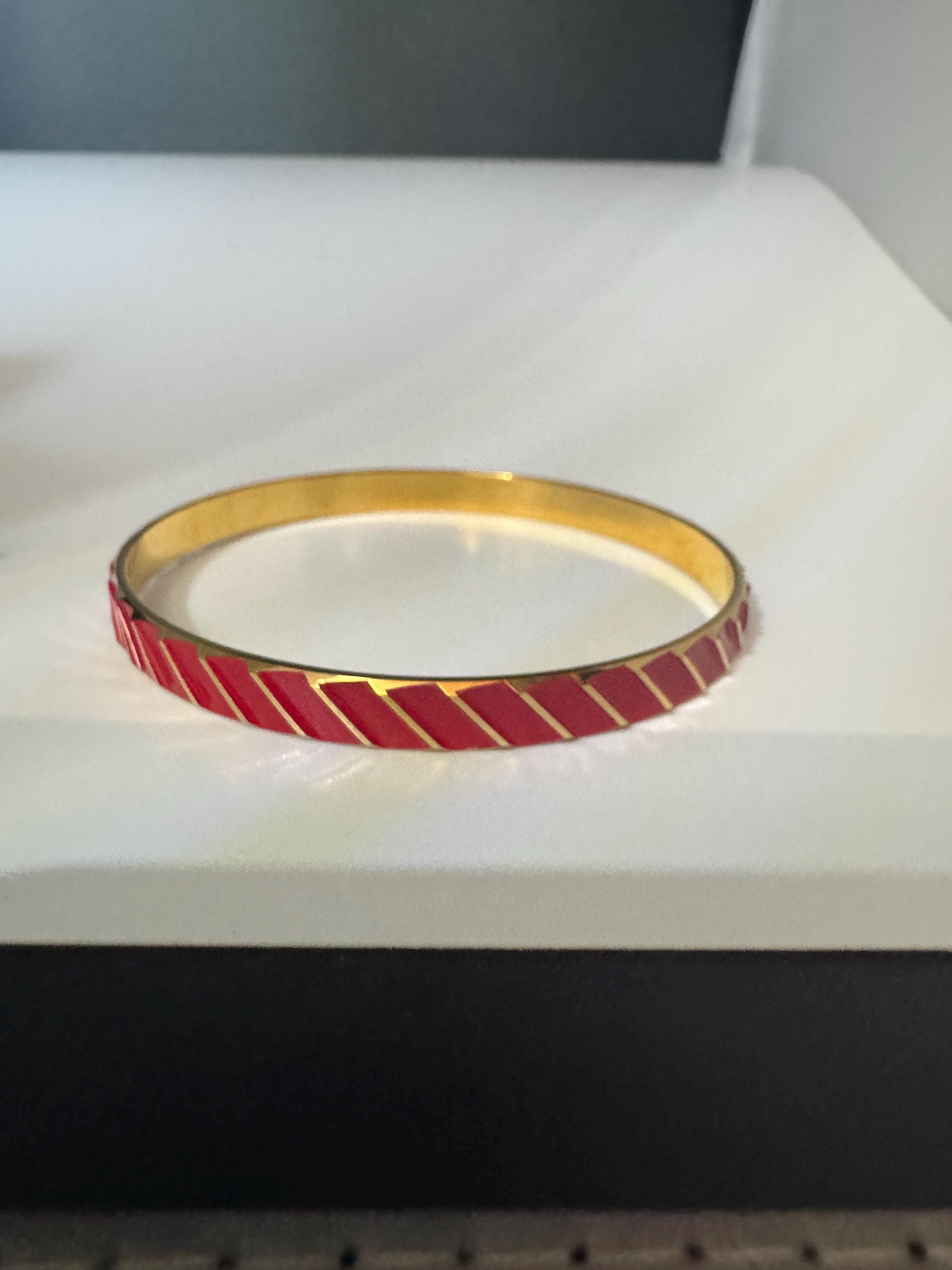 Signed Napier gold plated bright red enamel geometric bangle bracelet vintage 6mm boxed