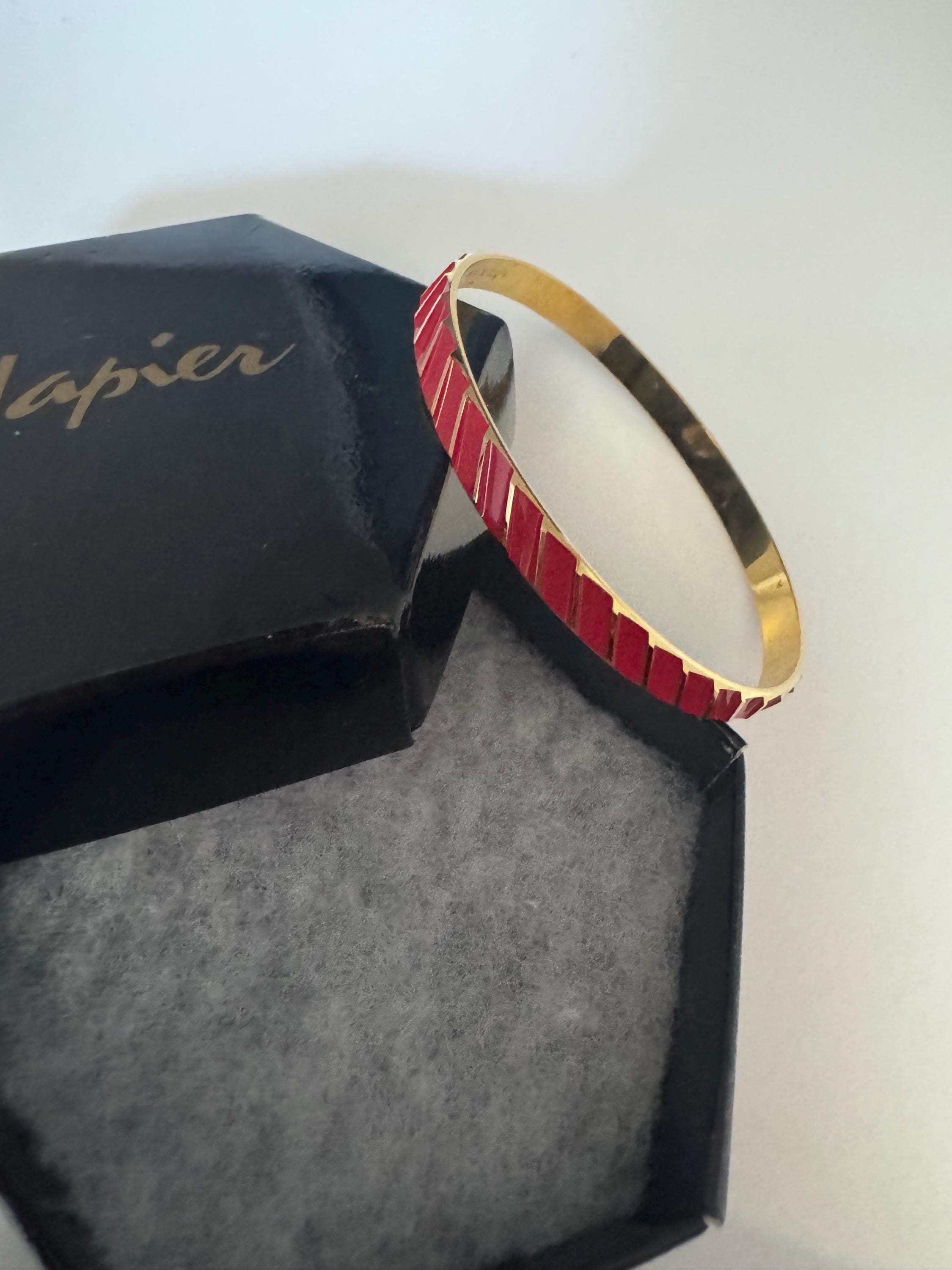 Signed Napier gold plated bright red enamel geometric bangle bracelet vintage 6mm boxed
