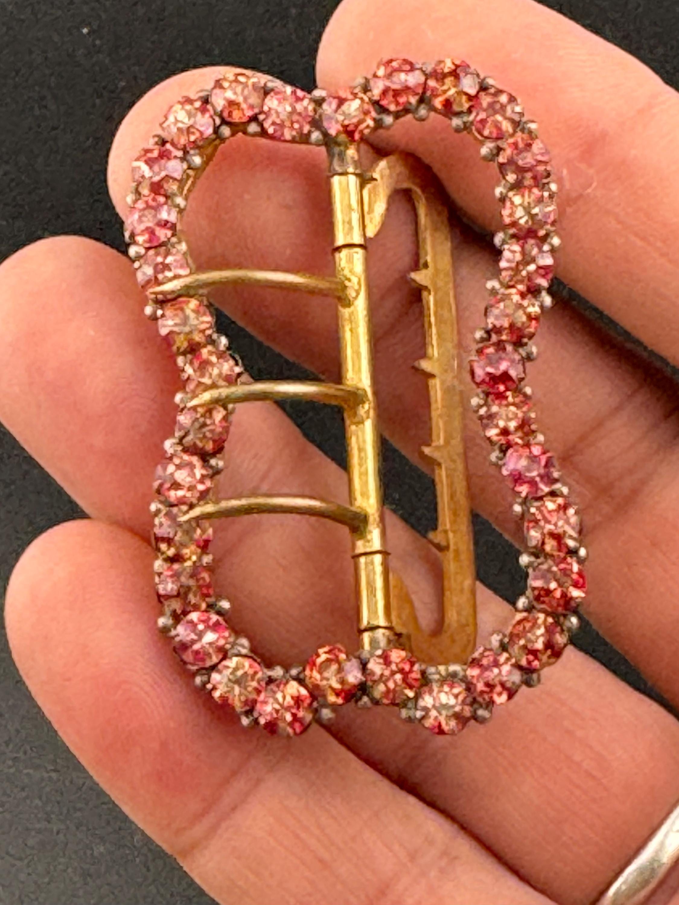 Antique 3 prong Claw Set pink rhinestone Glass Diamanté Belt Buckle, Georgian