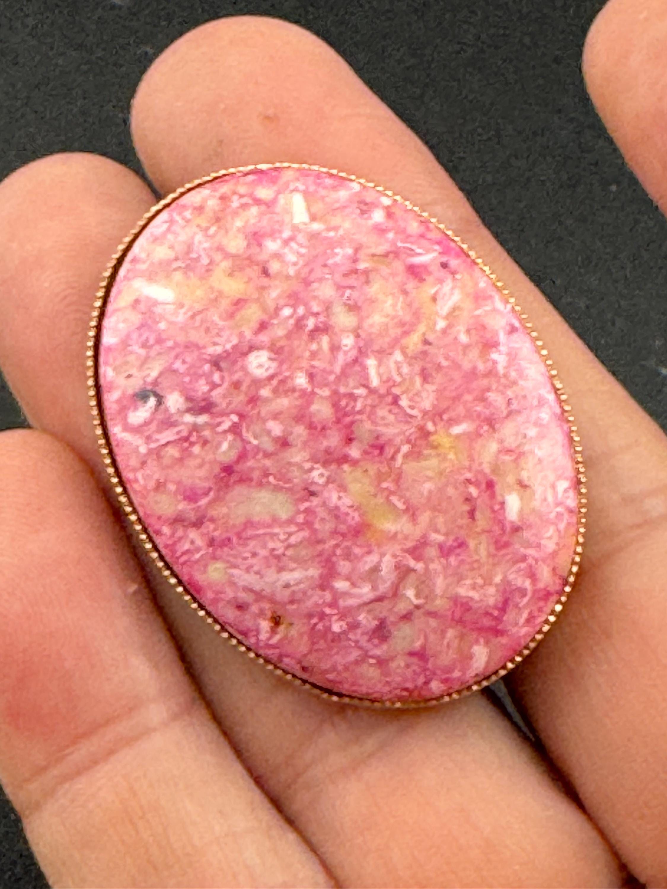 Large oval hinged Scarf Ring Clip Gold Tone with ceramic China Marbled pink cabochon
