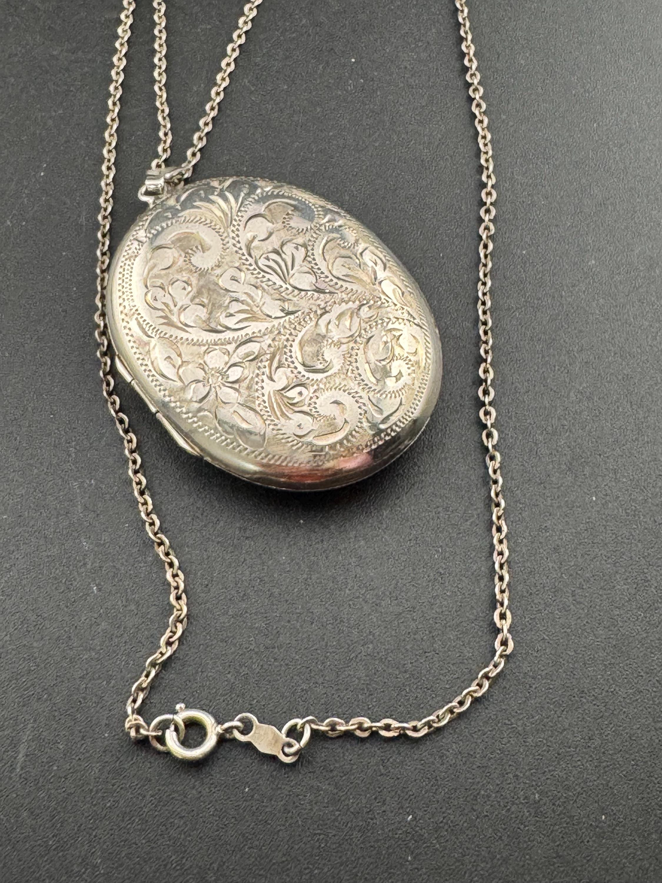 Vintage extra large photo Locket with engraved floral design, memorial keepsake stamped birm X 925 on a silver chain
