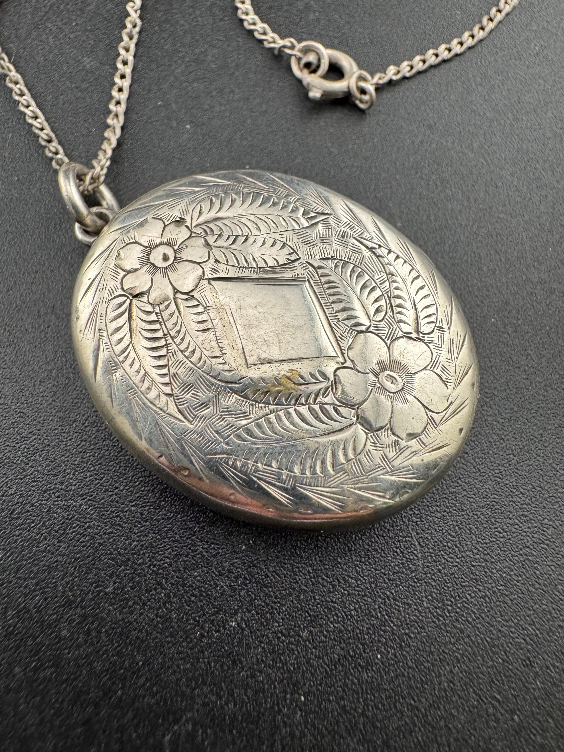 Vintage large photo Locket with engraved design, memorial keepsake stamped on a 925 silver chain