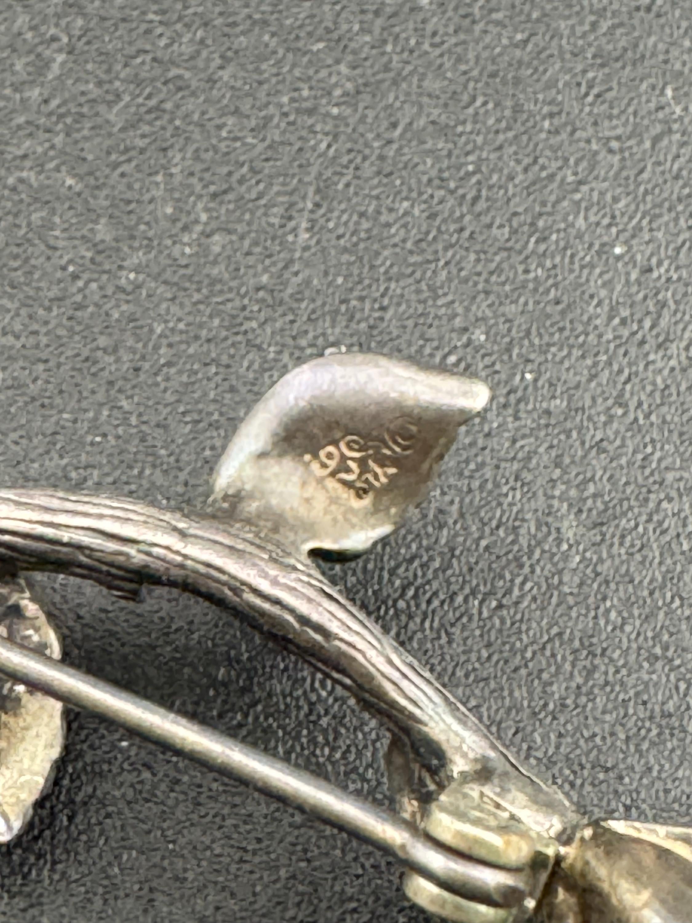 Vintage sterling 925 silver and red enamel rose bud floral brooch pin