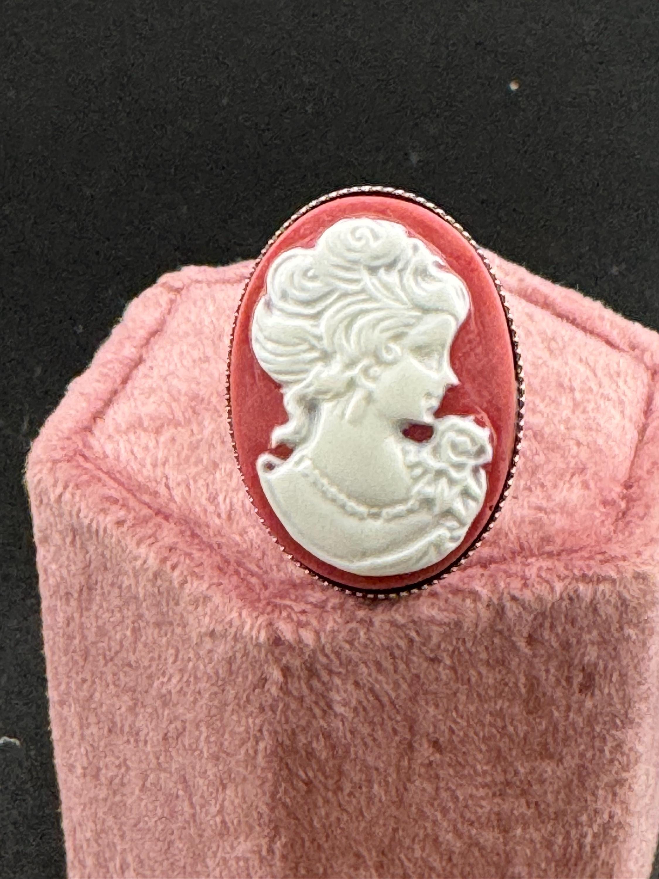 Antique style terracotta red brown  resin cameo lady ring adjustable non tarnish stainless steel