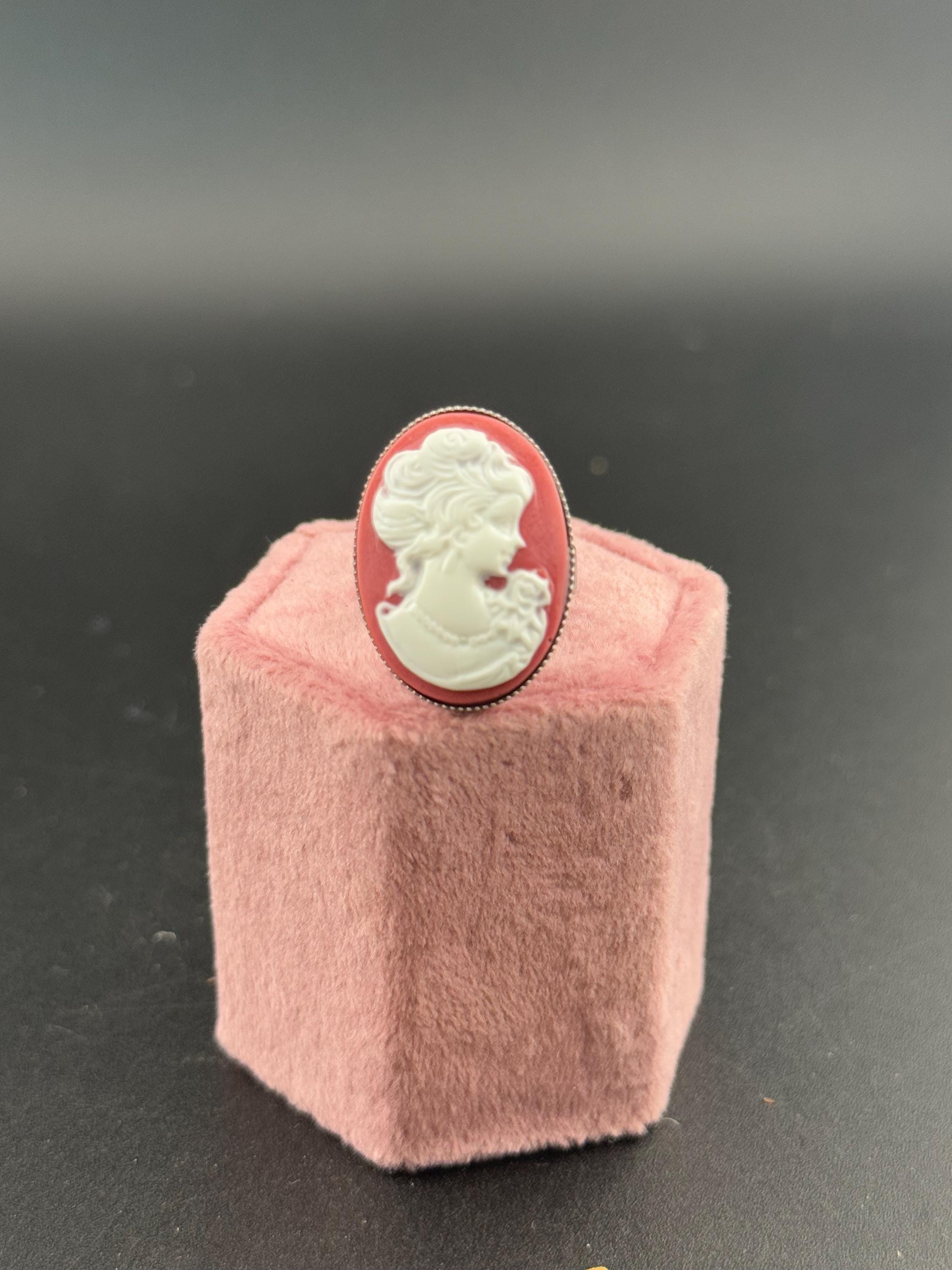 Antique style terracotta red brown  resin cameo lady ring adjustable non tarnish stainless steel