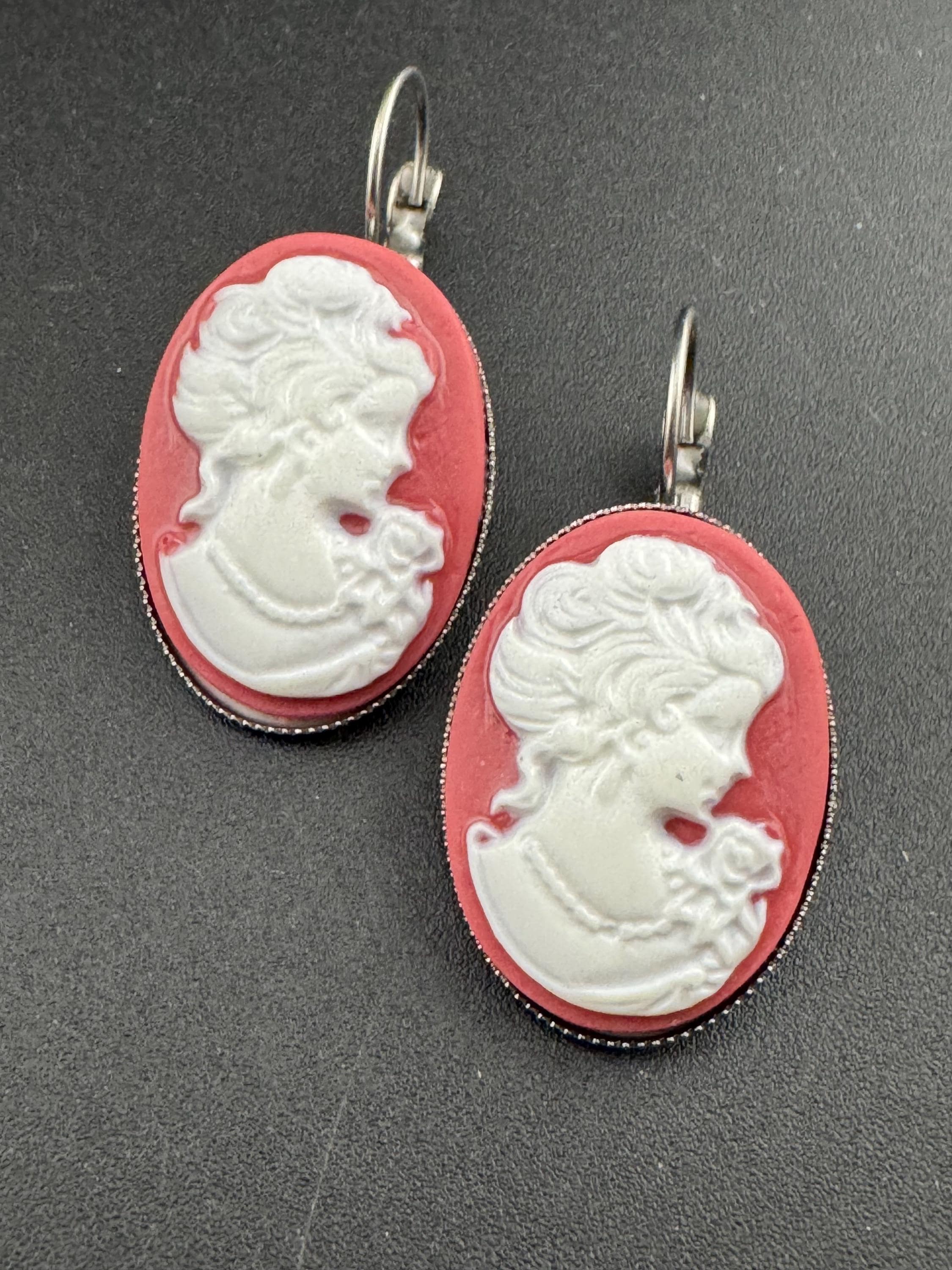Antique style handmade terracotta red brown resin cameo lady stainless steel oval lever back drop earrings
