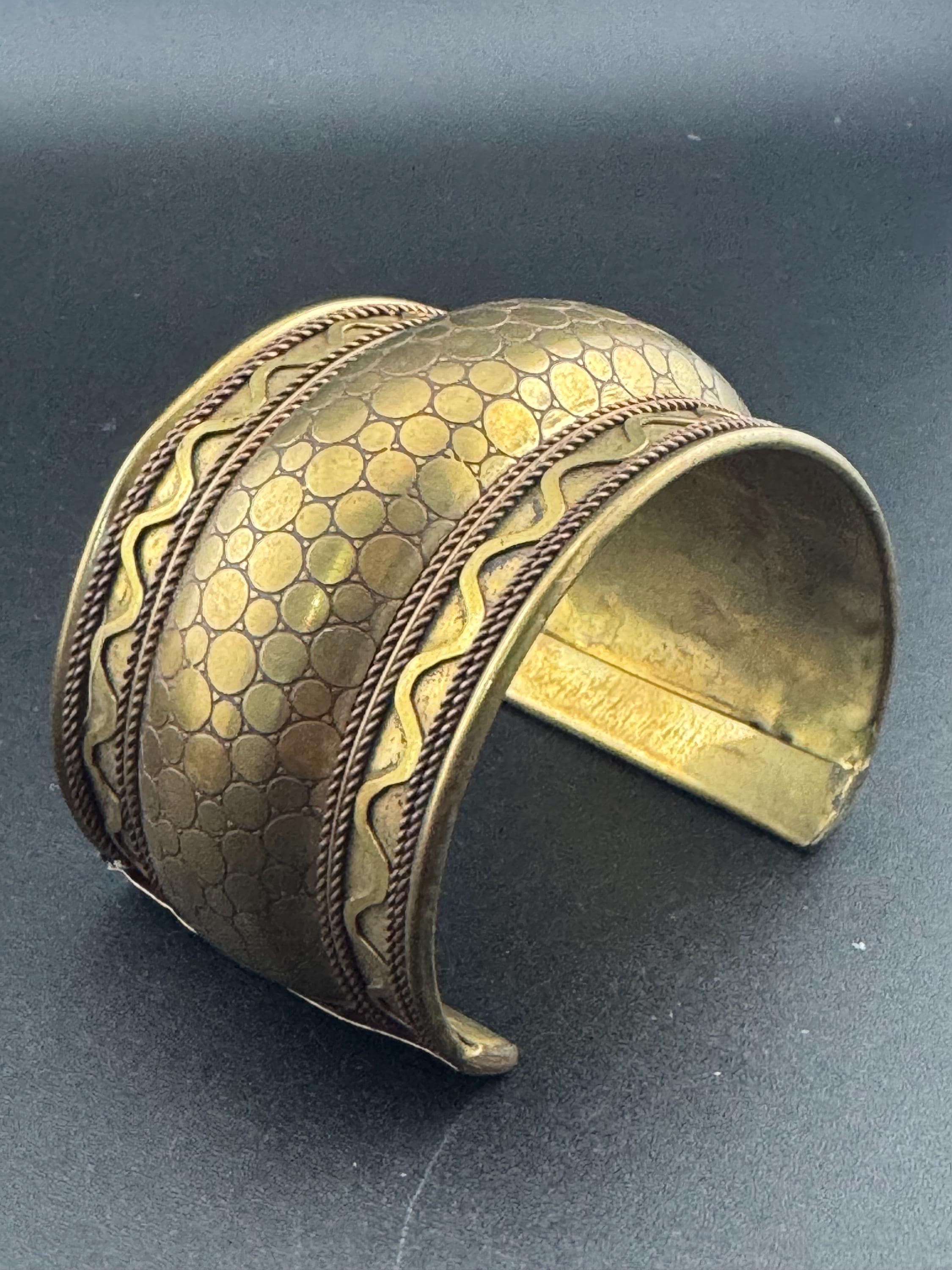Vintage Engraved Brass Cuff Bangle: Wide Open Boho Bracelet