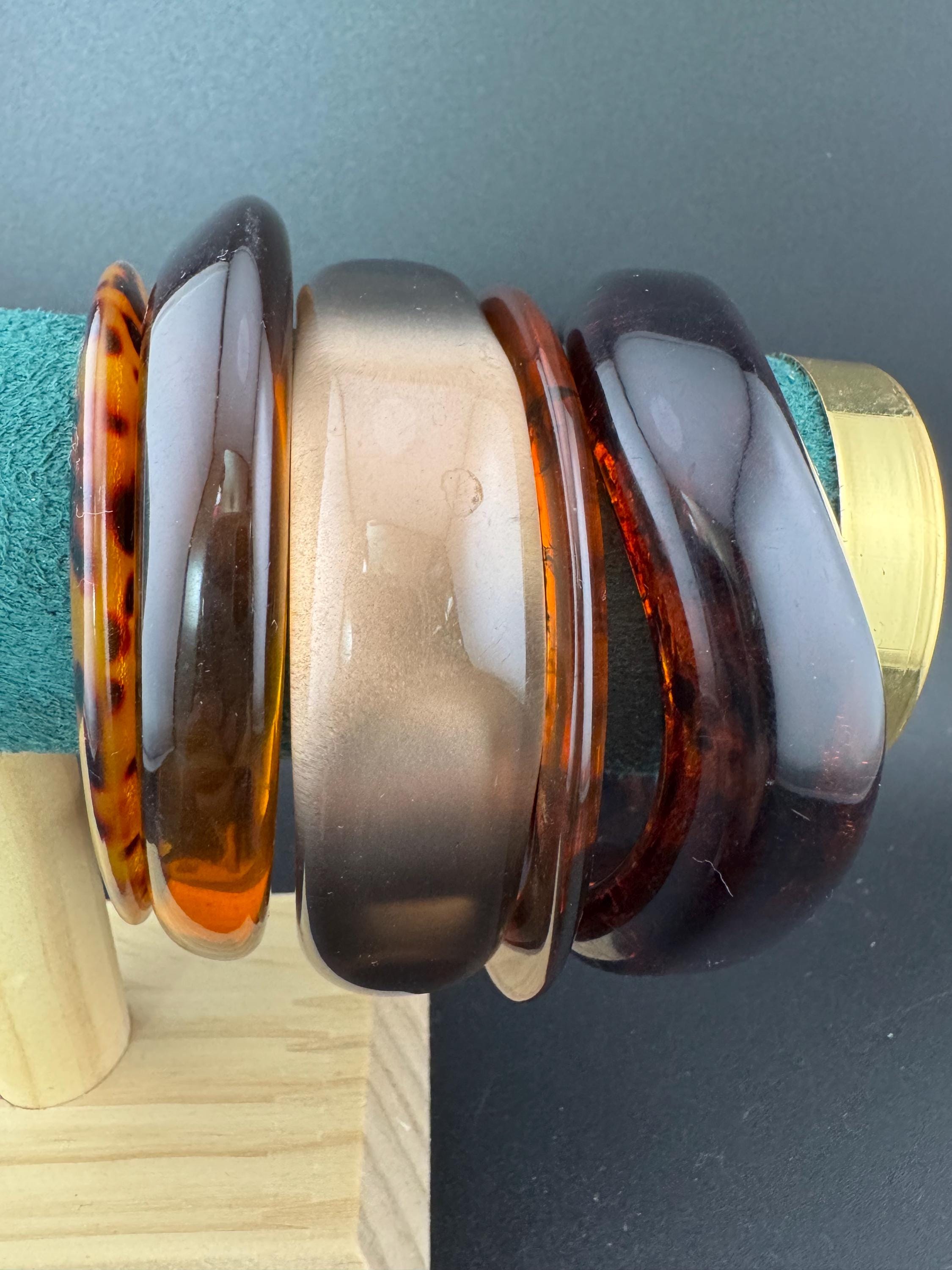 A curated stack of Faux tortoiseshell brown Perspex plastic wide cuff bangle bracelets ideal stacking layering Vintage