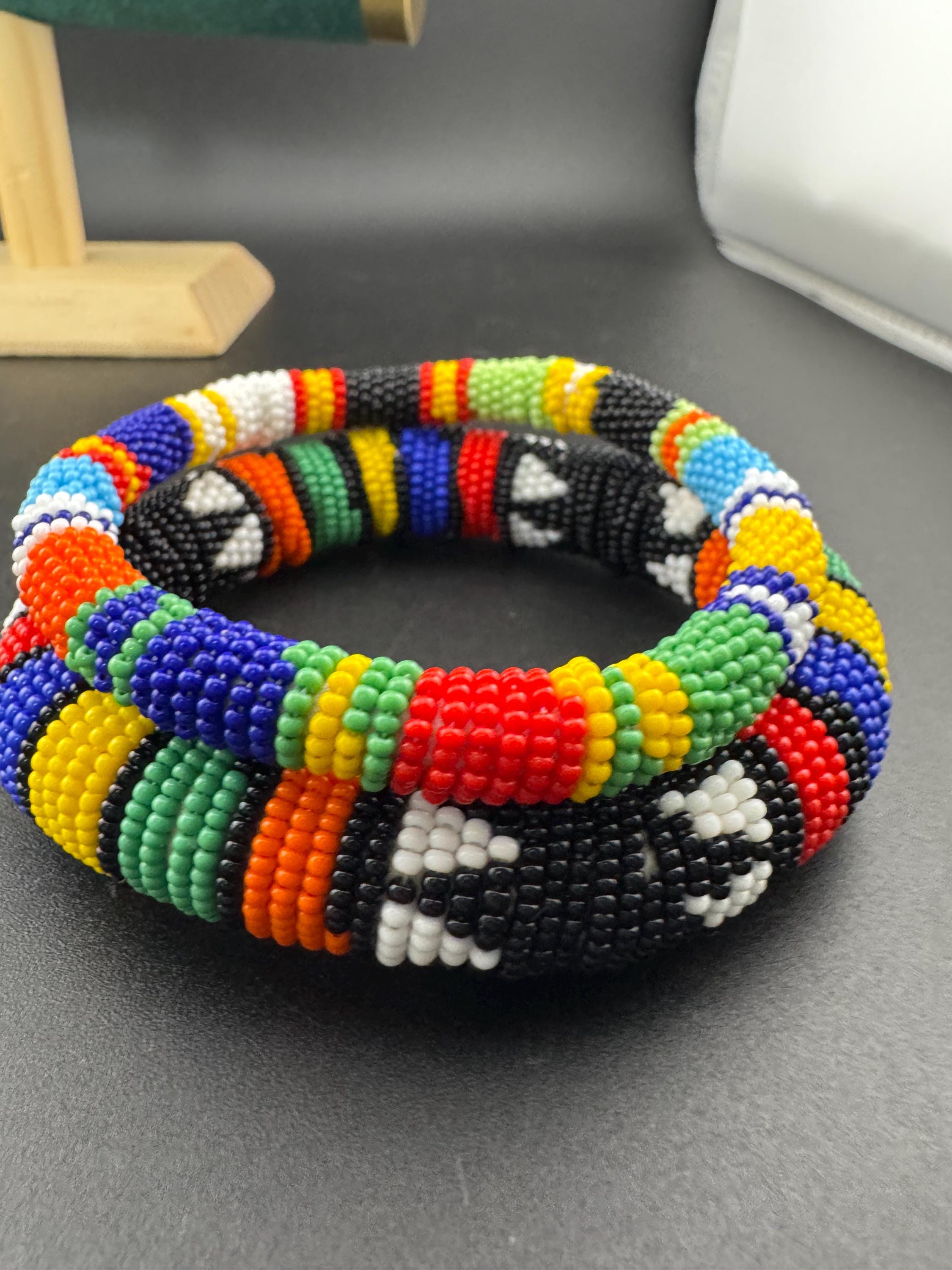 African Seed Beaded Bangle Bracelets: Colorful Vintage Pair