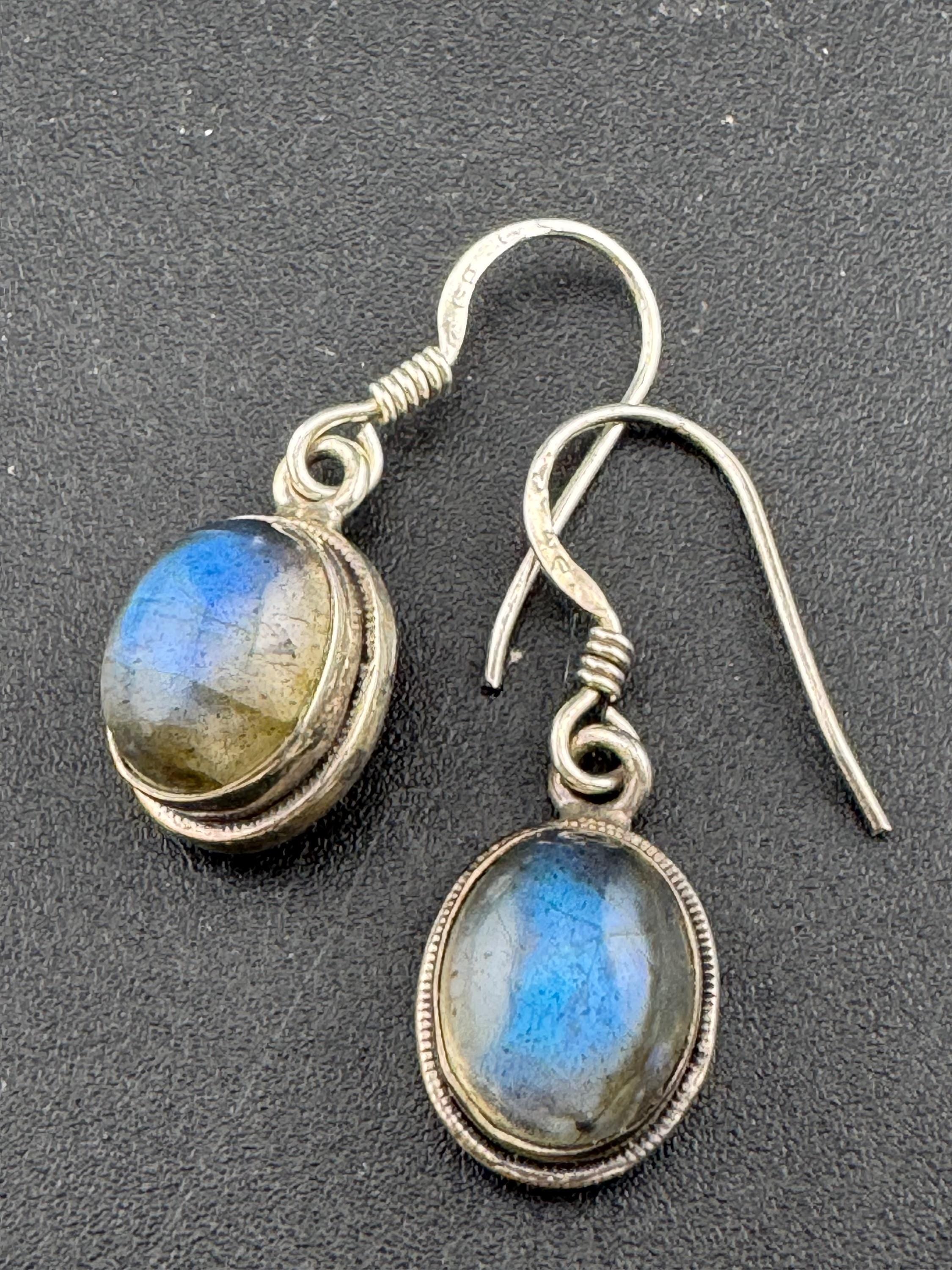 Natural labradorite gem stone stamped 925 silver drop retro earrings vintage