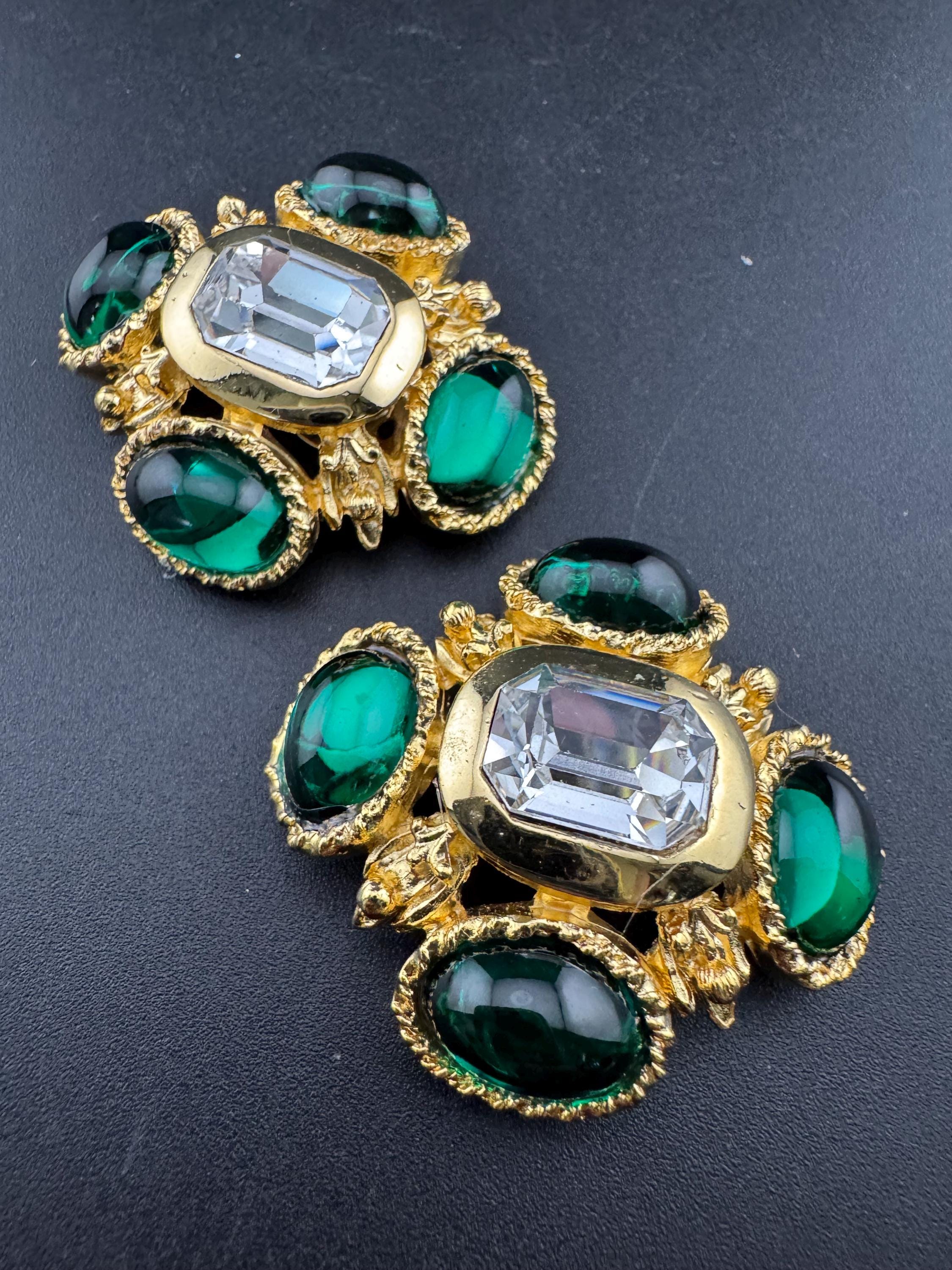 vintage oversized 4cm Gold tone emerald green cabochon and clear Swarovski crystal cross earrings 1980s