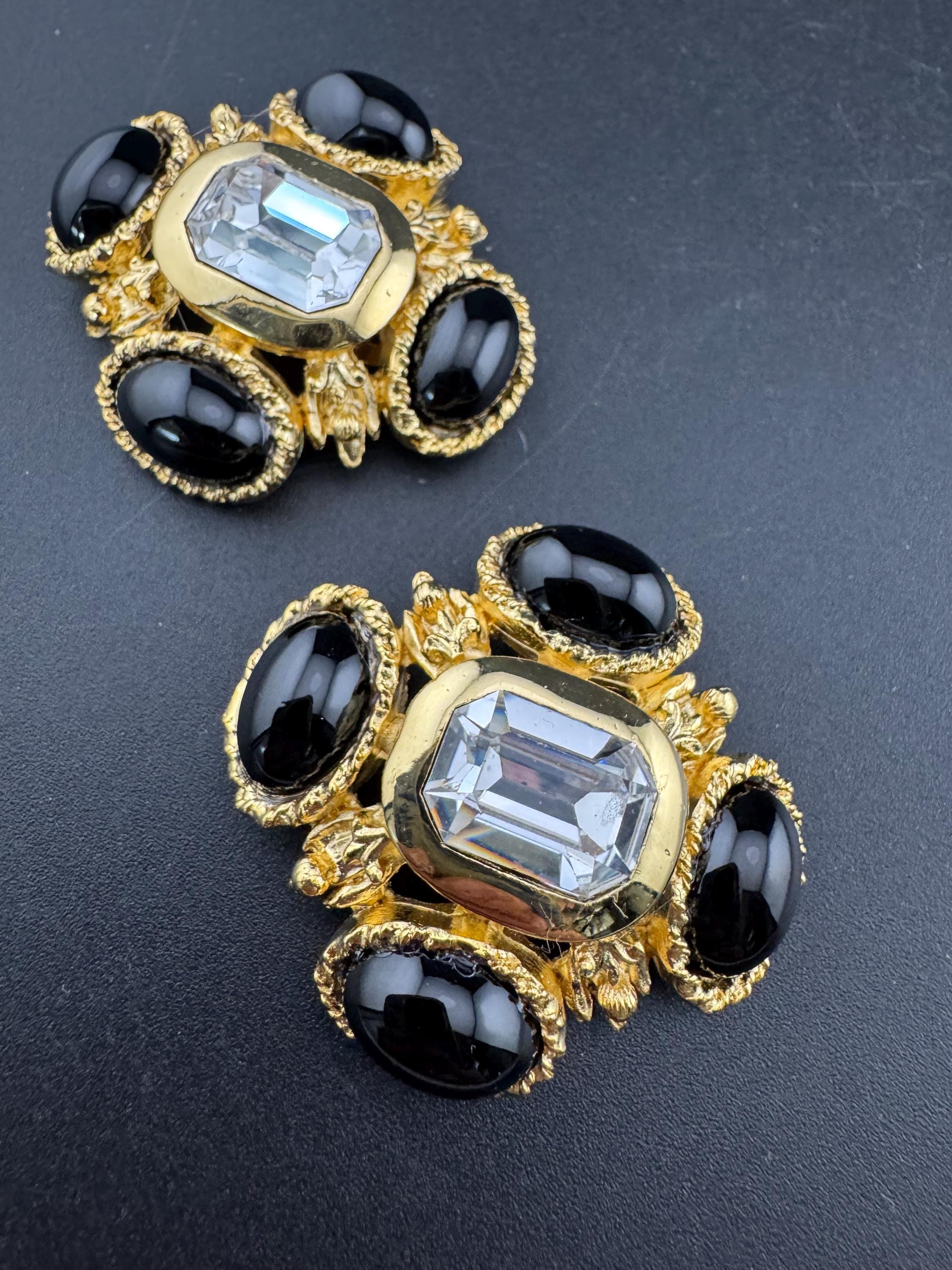 vintage oversized 4cm Gold tone and black Austrian glass cabochon green cabochon and clear Swarovski crystal cross earrings 1980s