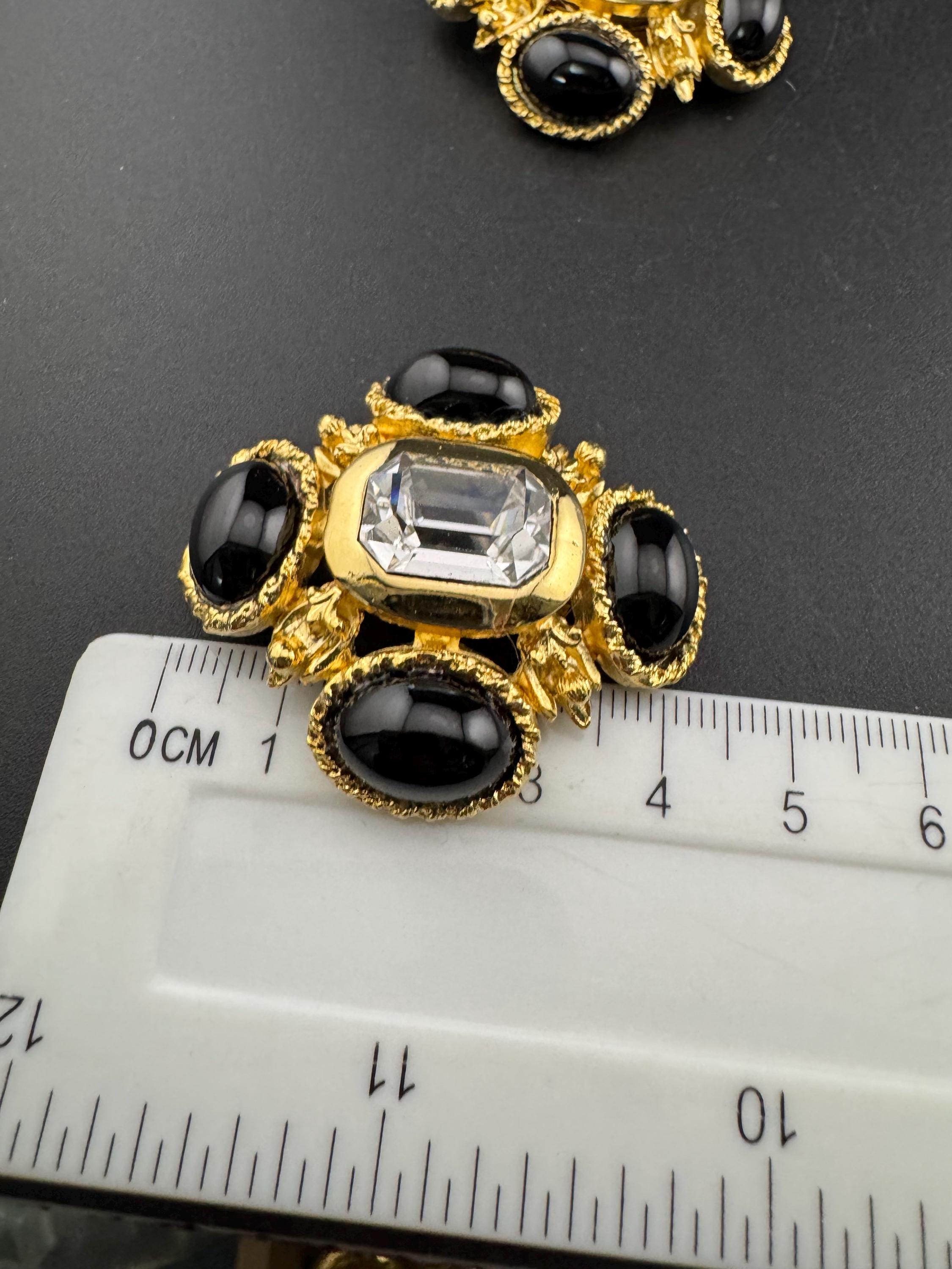 vintage oversized 4cm Gold tone and black Austrian glass cabochon green cabochon and clear Swarovski crystal cross earrings 1980s