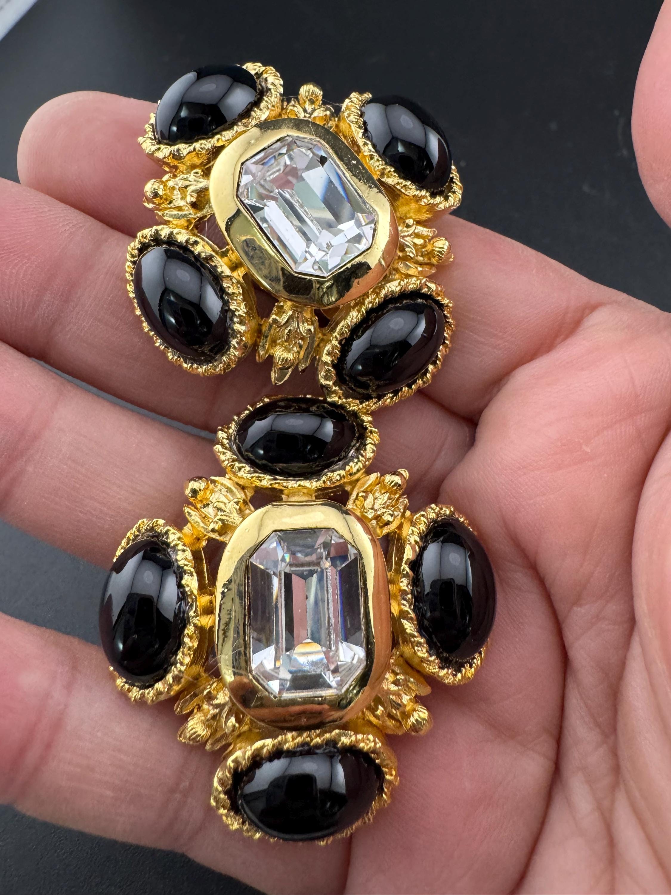 vintage oversized 4cm Gold tone and black Austrian glass cabochon green cabochon and clear Swarovski crystal cross earrings 1980s