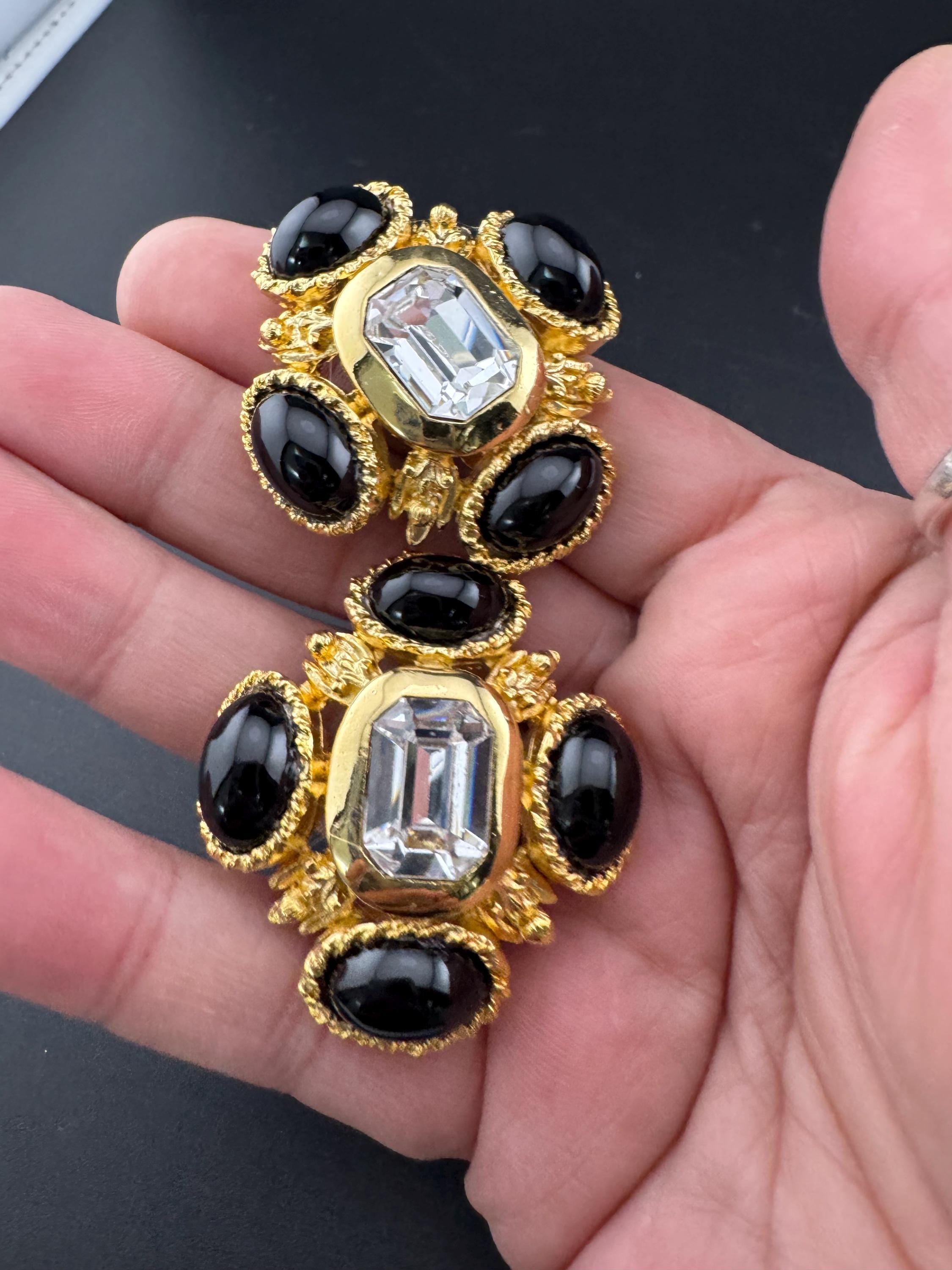 vintage oversized 4cm Gold tone and black Austrian glass cabochon green cabochon and clear Swarovski crystal cross earrings 1980s