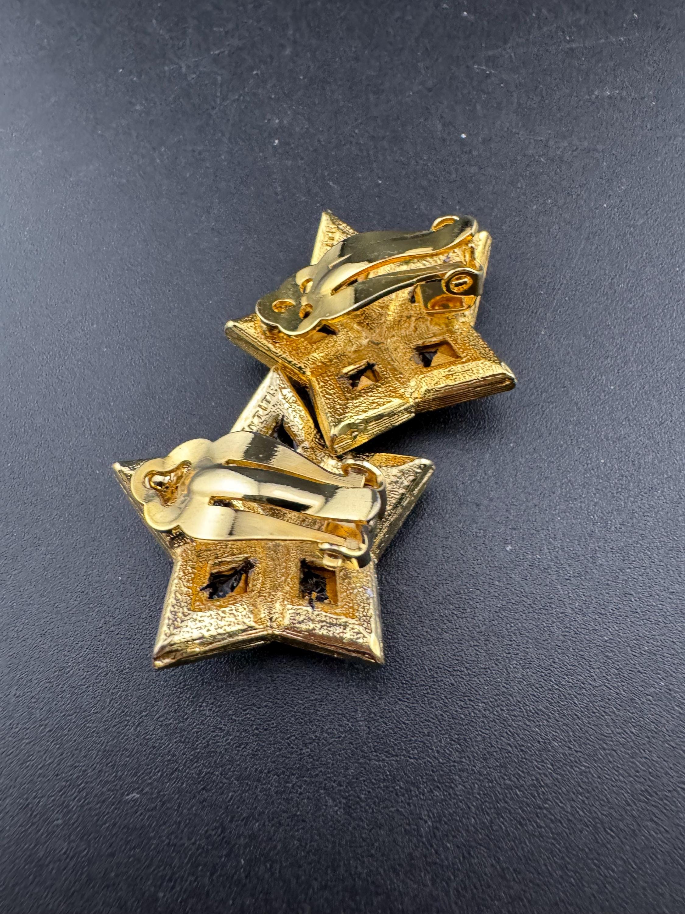 vintage gold tone black Swarovski crystal star stud clip on earrings 1980s old shop stock