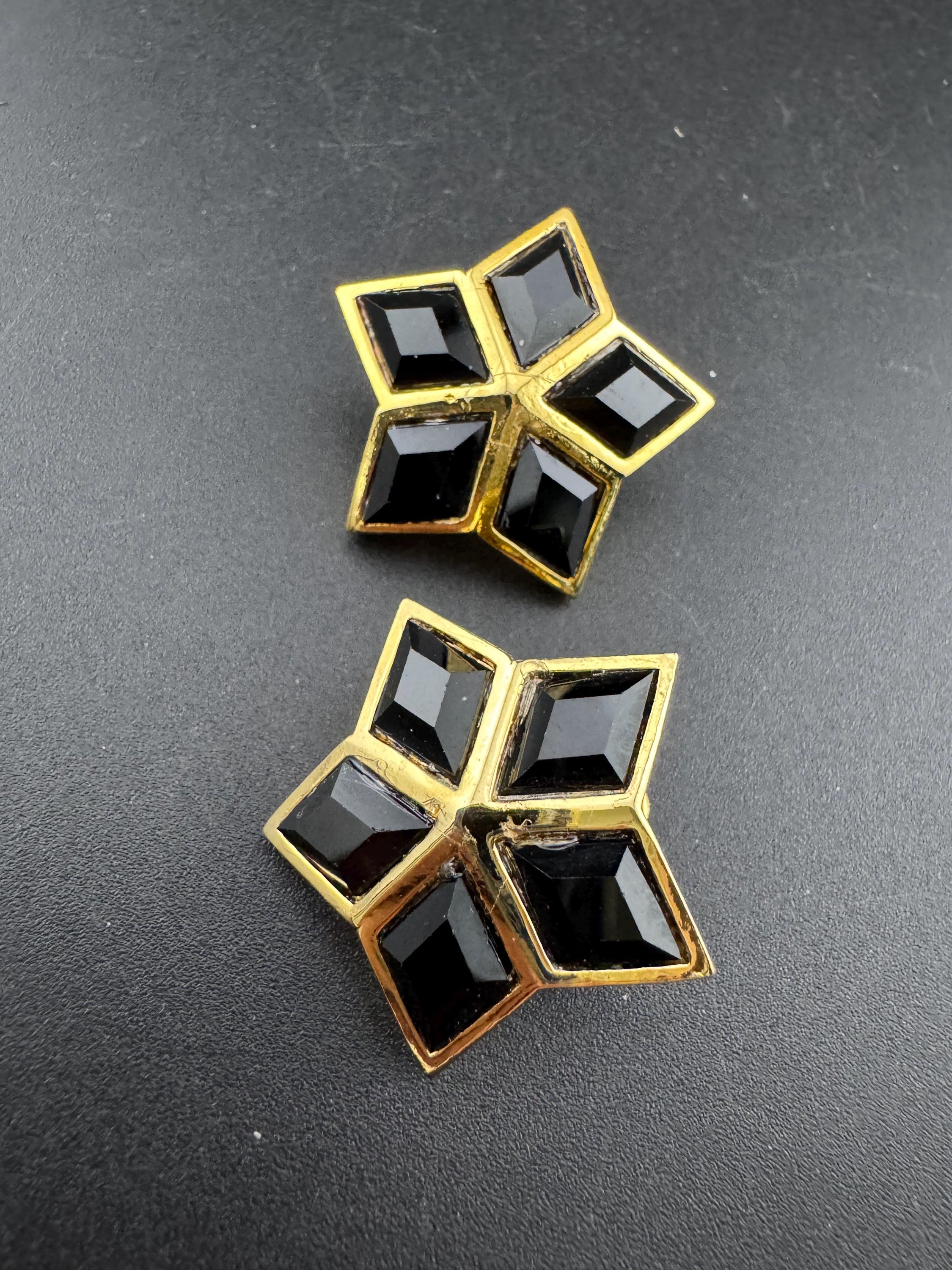 vintage gold tone black Swarovski crystal star stud clip on earrings 1980s old shop stock