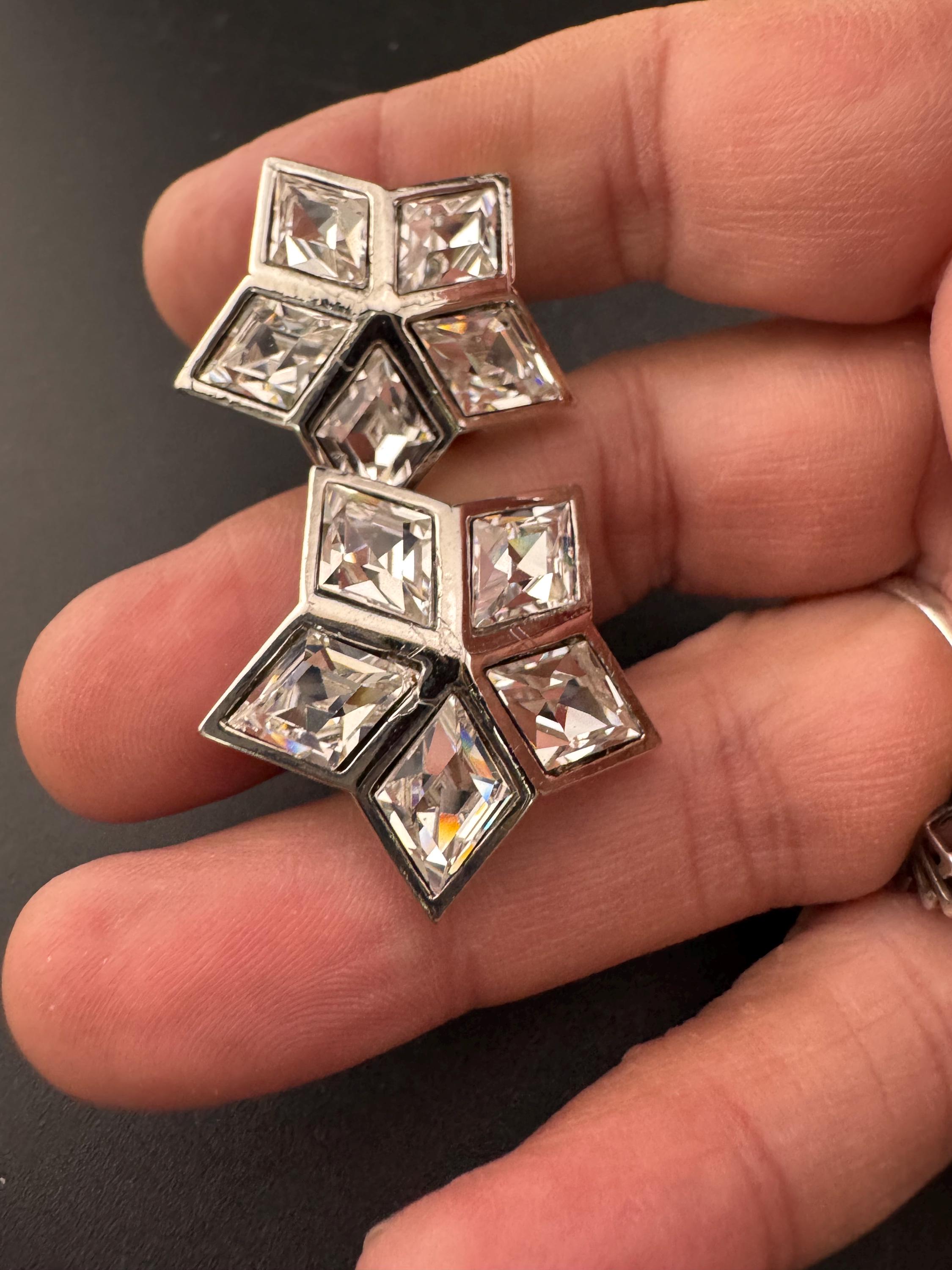vintage silver tone clear Swarovski crystal star stud clip on earrings 1980s old shop stock