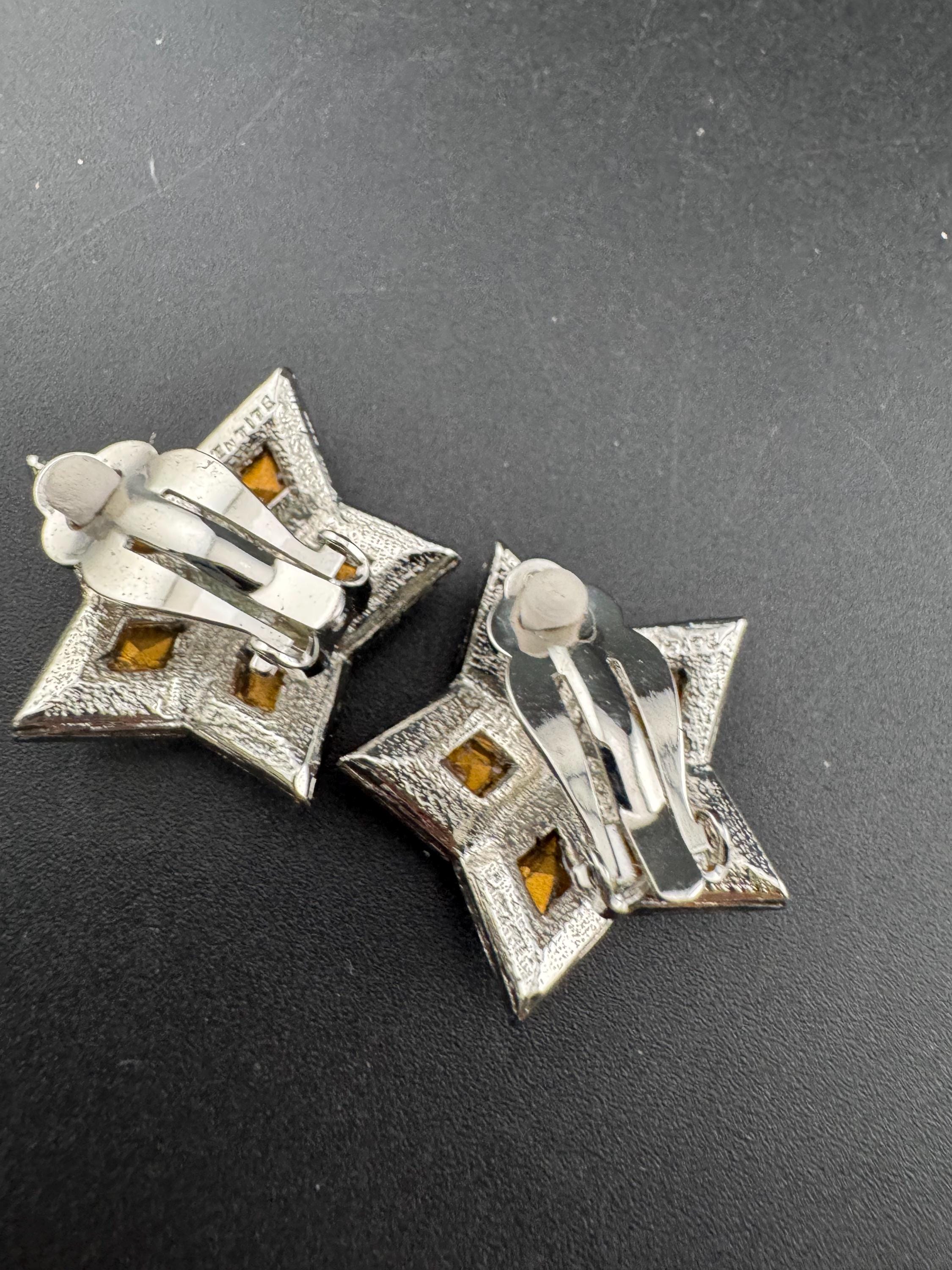 vintage silver tone clear Swarovski crystal star stud clip on earrings 1980s old shop stock