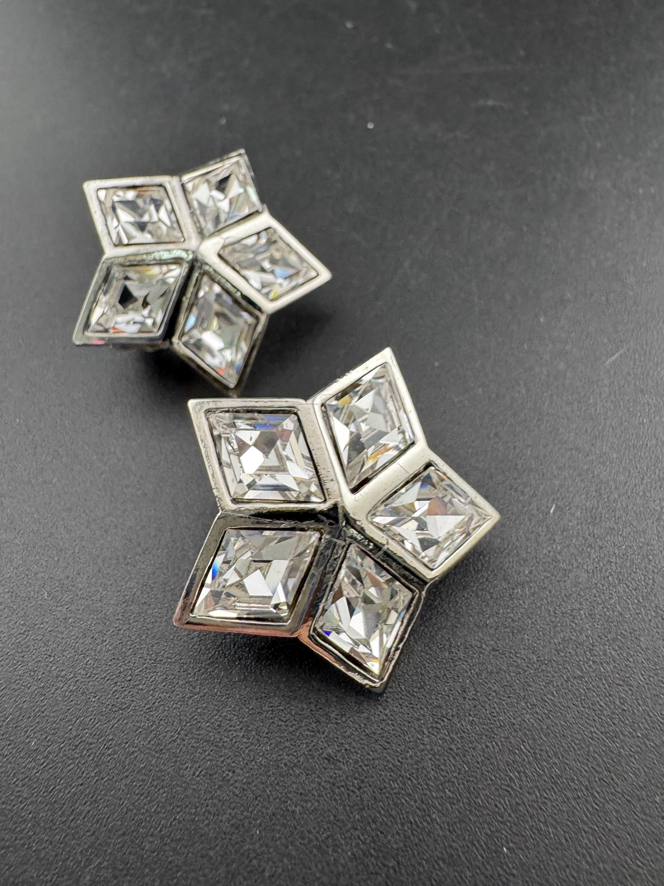 vintage silver tone clear Swarovski crystal star stud clip on earrings 1980s old shop stock