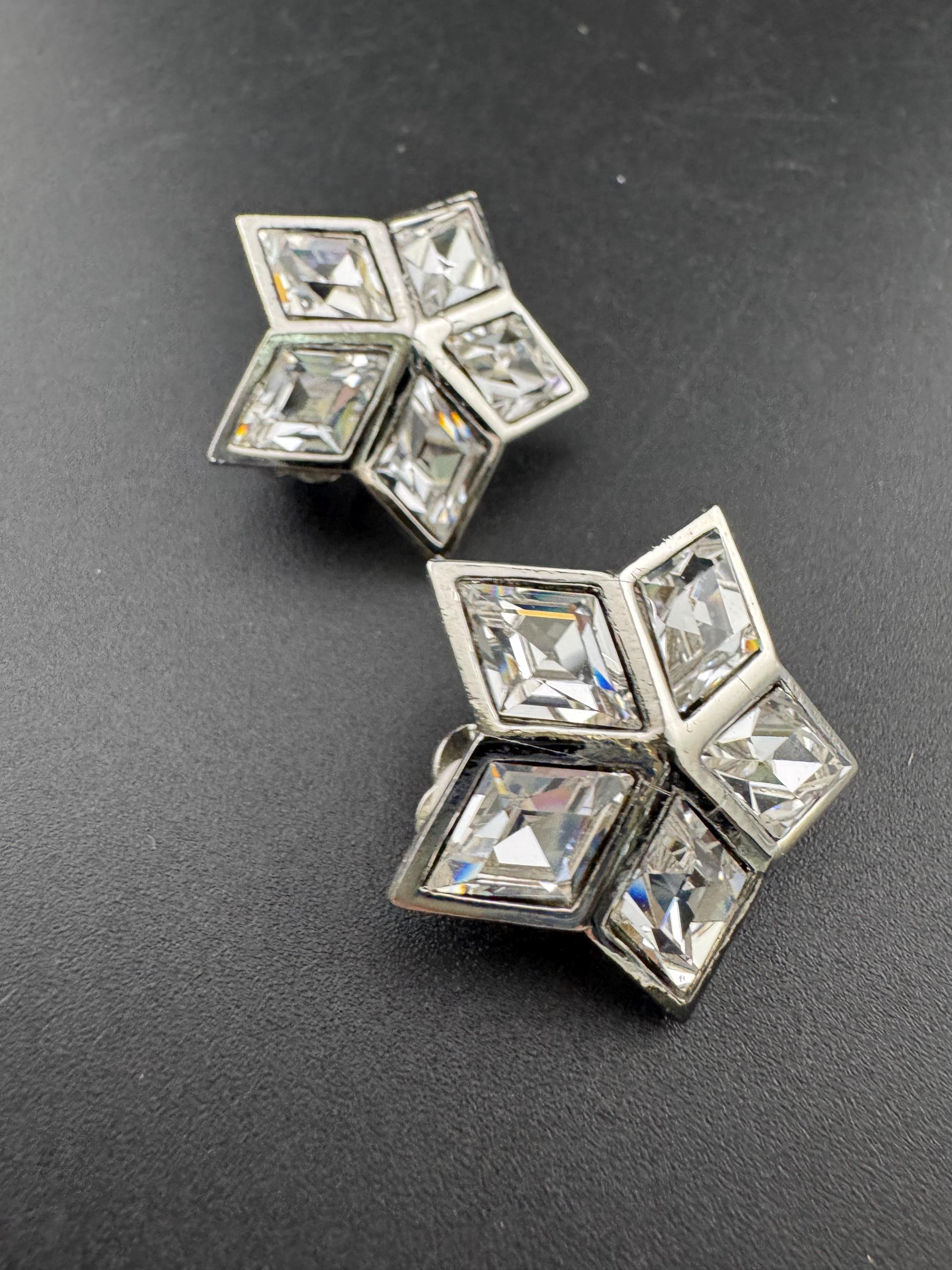 vintage silver tone clear Swarovski crystal star stud clip on earrings 1980s old shop stock