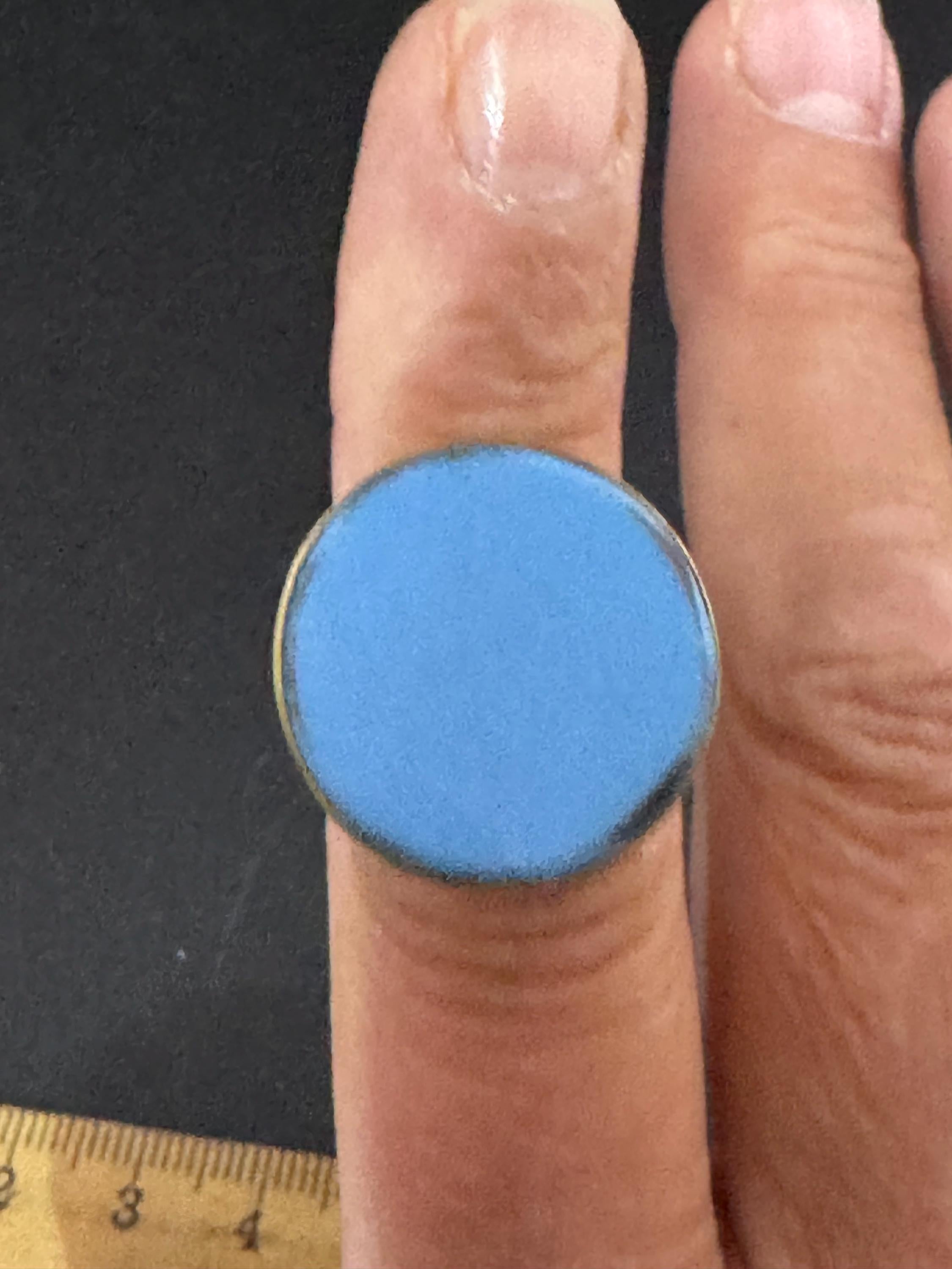 Bright turquoise blue early plastic 2cm disc artisan statement dress ring , brass metal, adjustable size