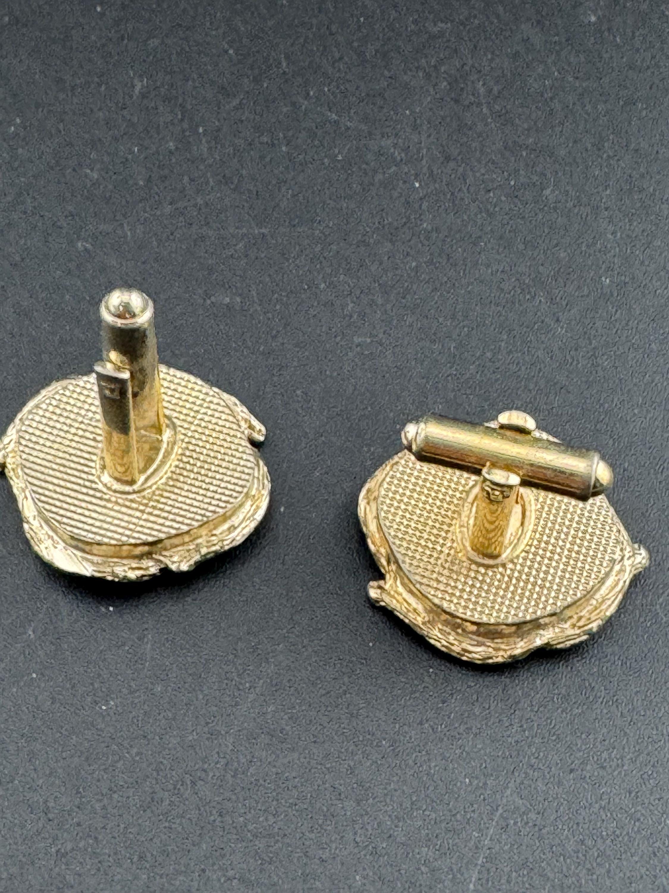 Vintage 1960s Mod Gold Tone Cufflinks: Brown Wood Effect Leather