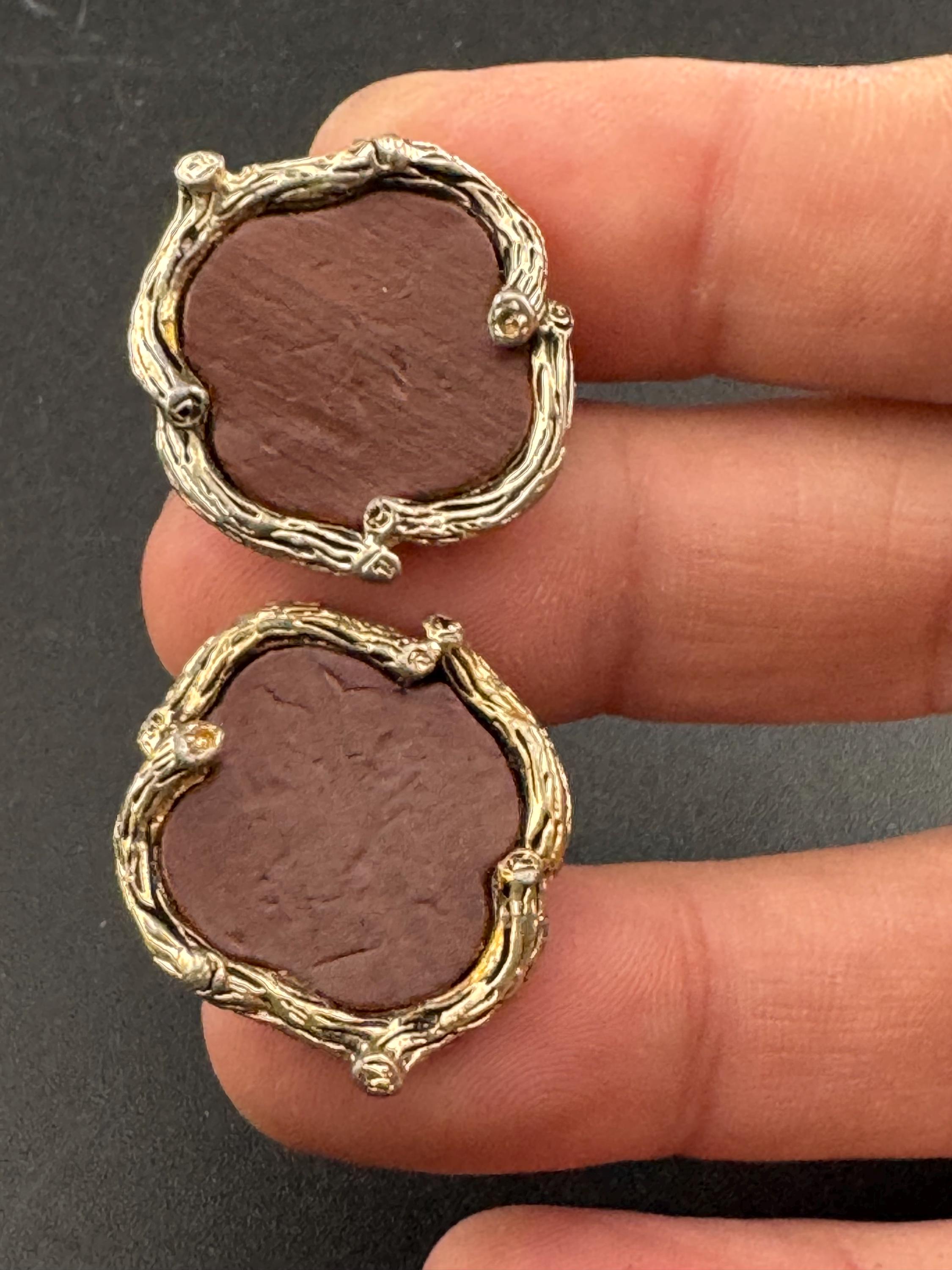 Vintage 1960s Mod Gold Tone Cufflinks: Brown Wood Effect Leather