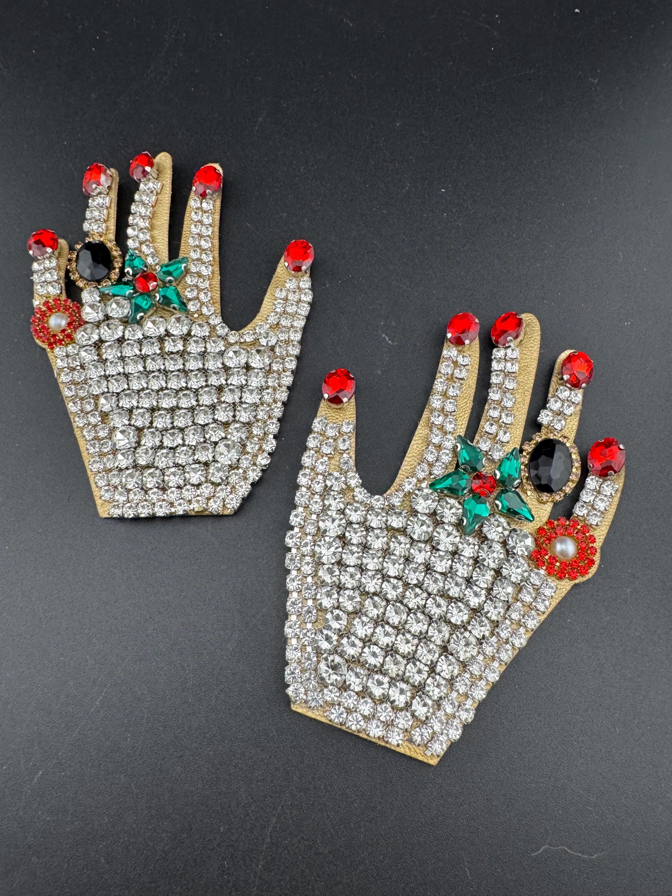 Large sew on diamante pair of ladies hands with rings on sewing patches, crystal appliqués