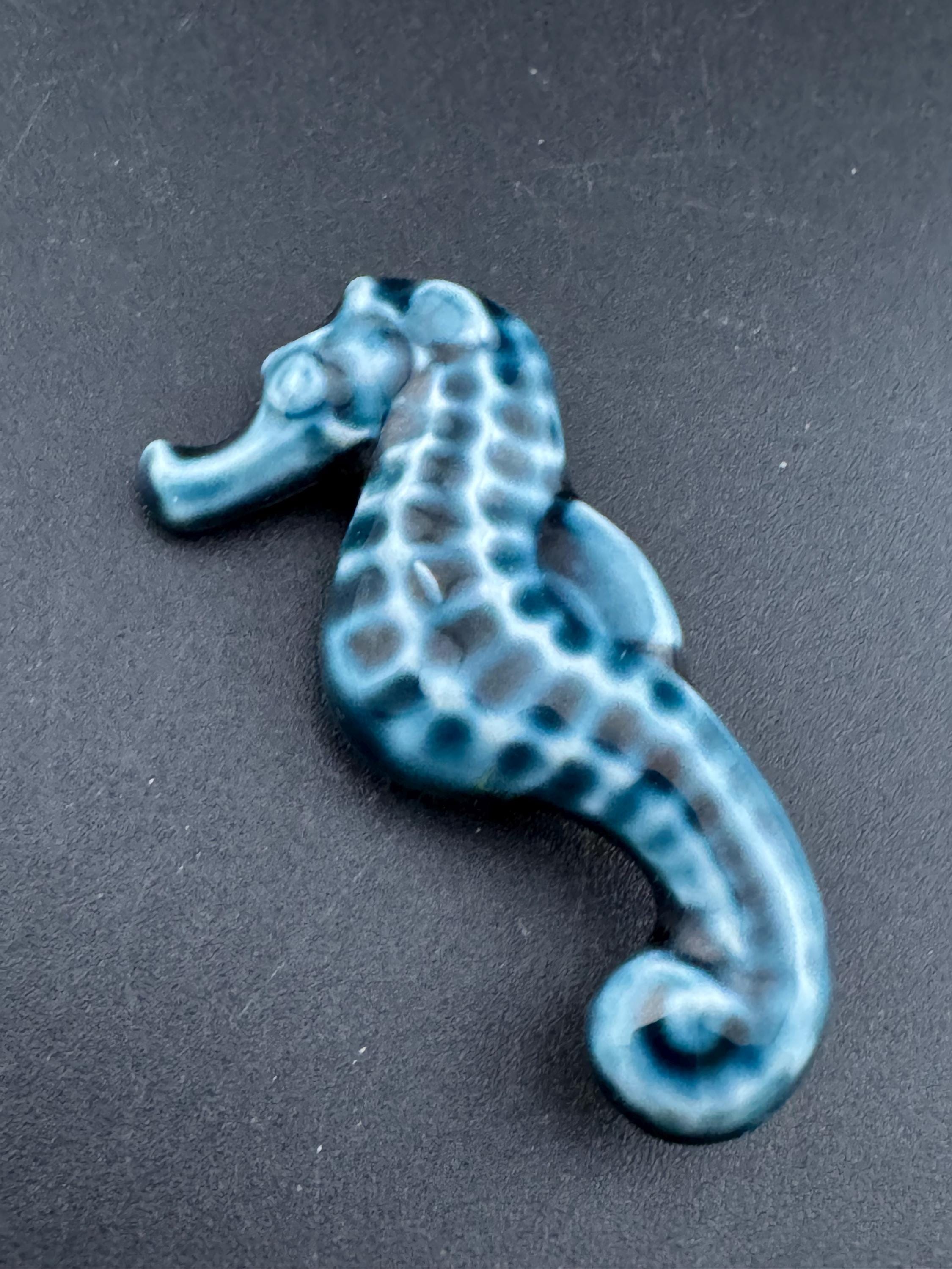 Vintage mid century ceramic blue green seahorse brooch , nautical marine style