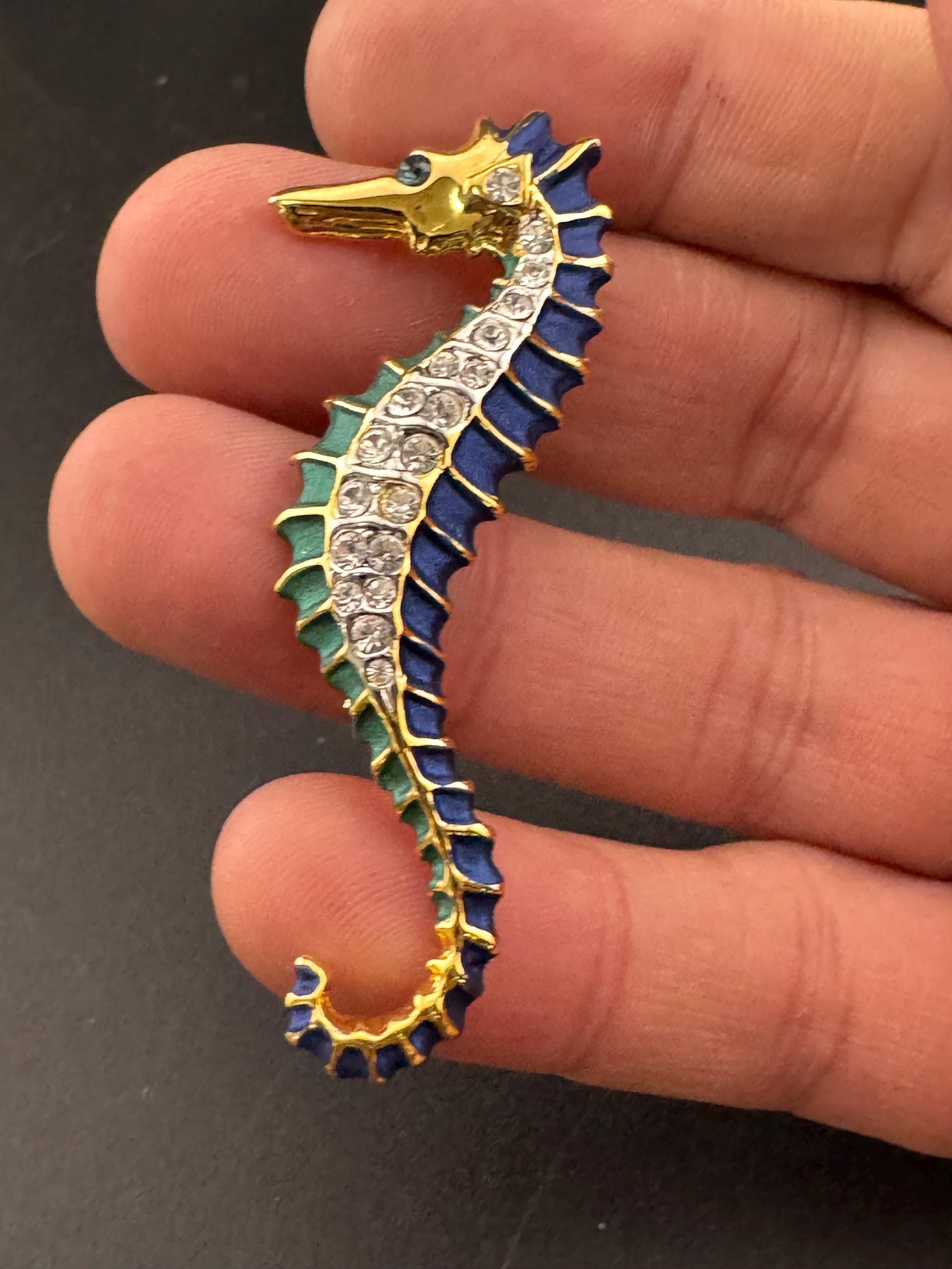 Vintage 6cm gold tone blue green enamel clear diamanté crystal seahorse brooch, nautical marine style