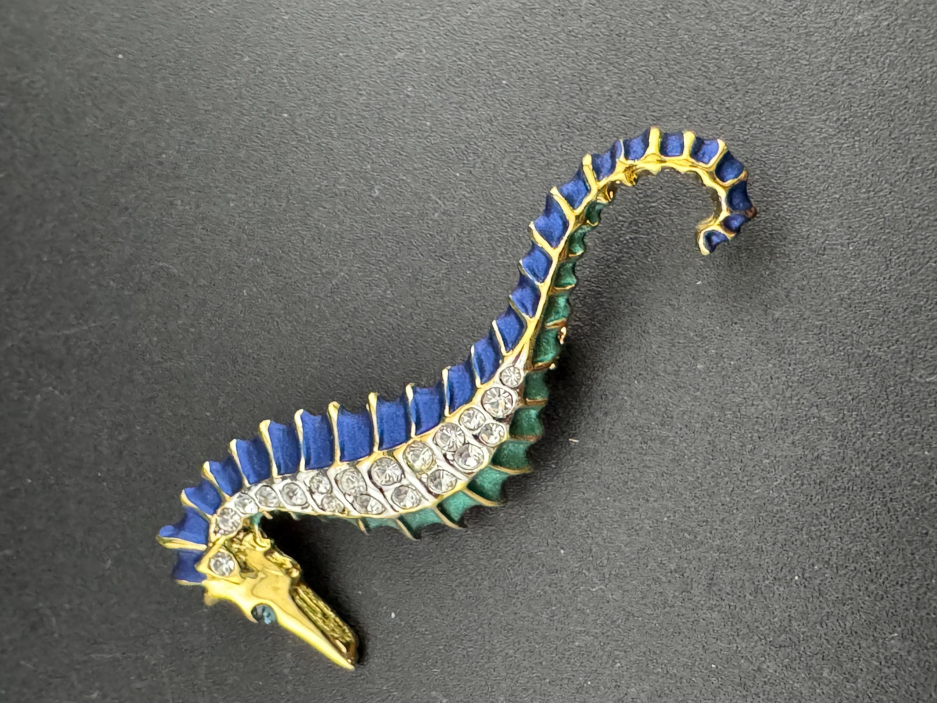 Vintage 6cm gold tone blue green enamel clear diamanté crystal seahorse brooch, nautical marine style