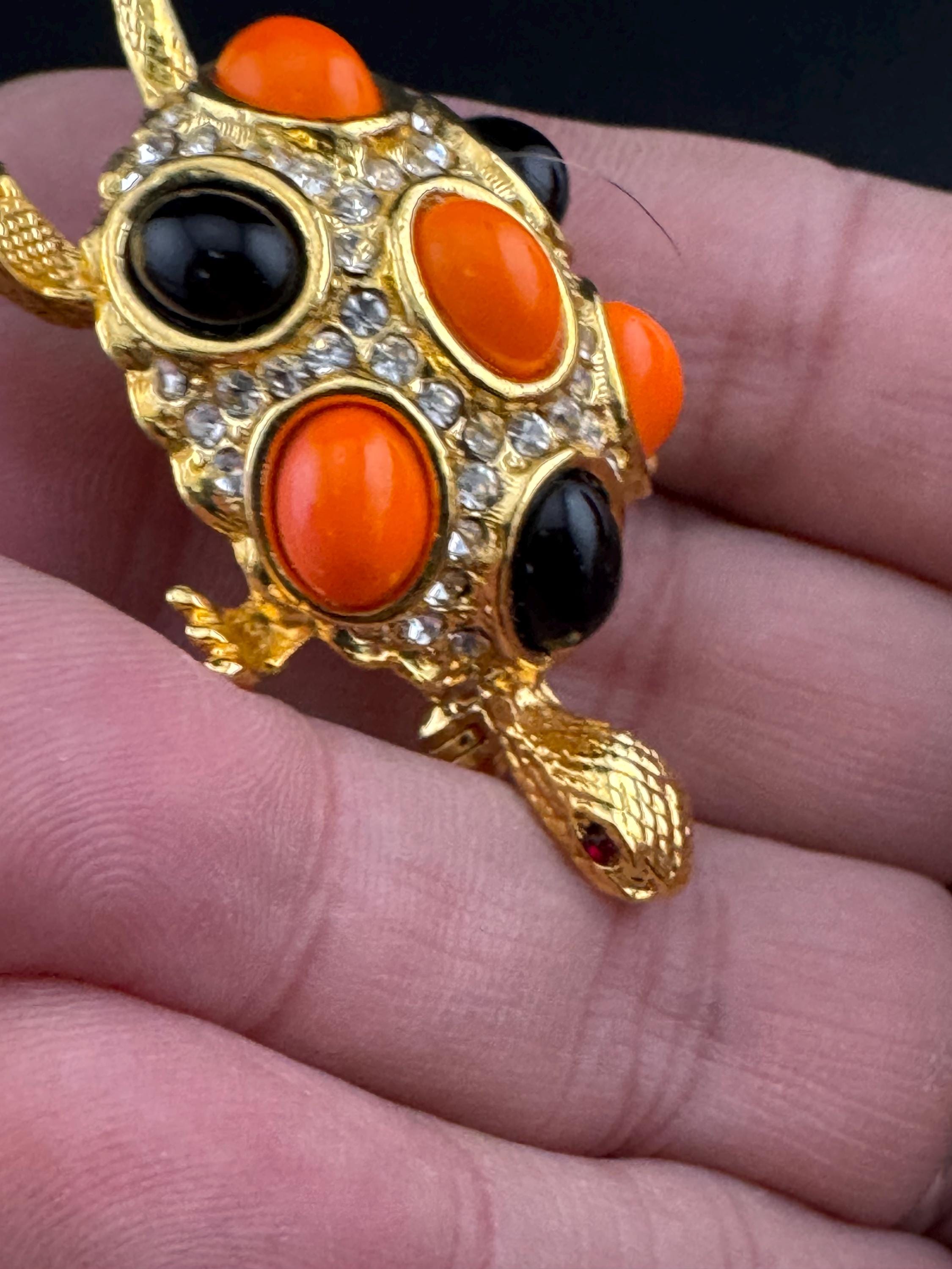 retro stylish gold tone orange and black cabochon 1980s turtle tortoise brooch