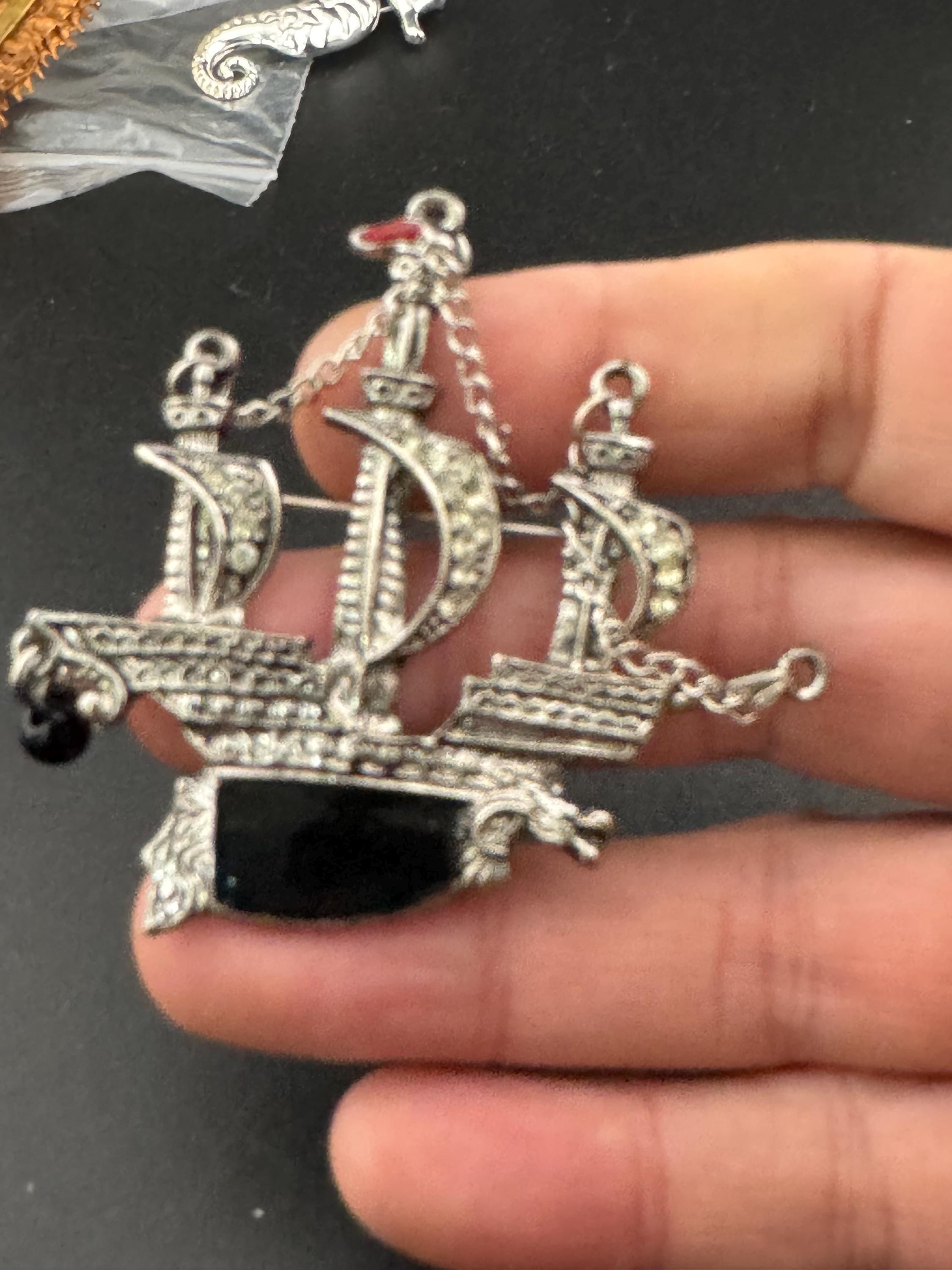 Retro sailing boat galleon ship black Enamel Brooch, seaside seafaring captain nautical