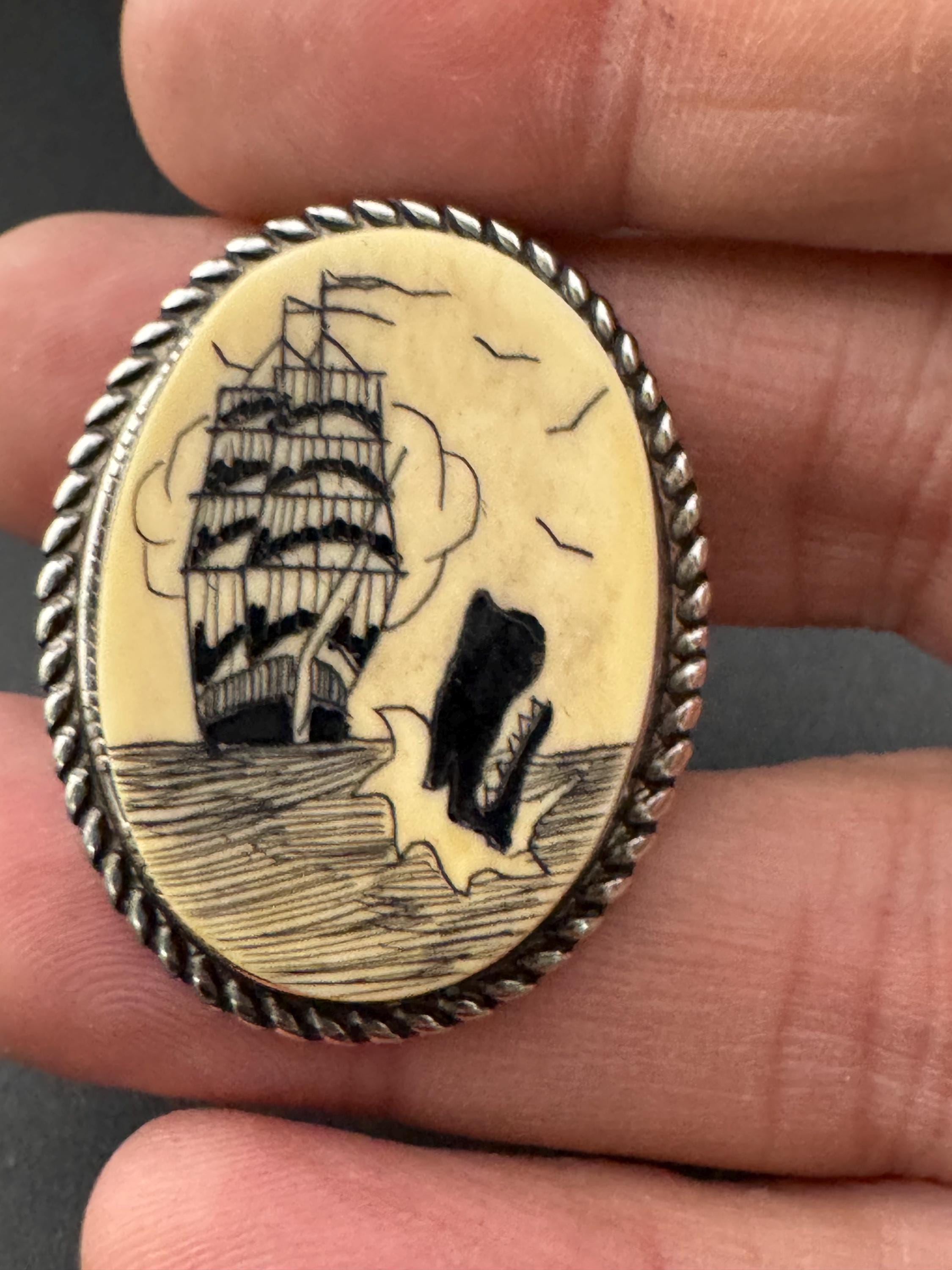 antique style scrimshaw faux bone  silver tone oval brooch, reproduction