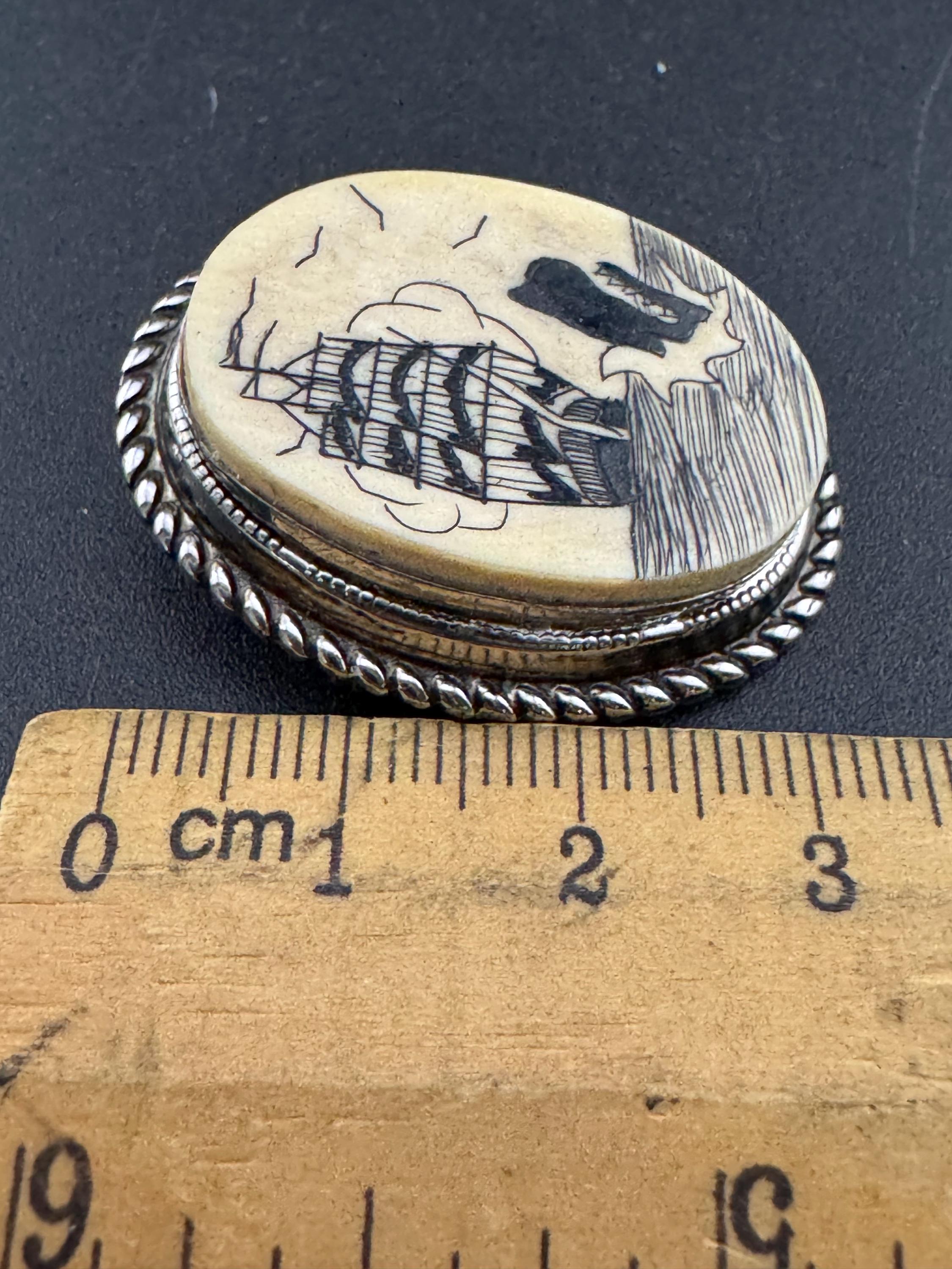 antique style scrimshaw faux bone  silver tone oval brooch, reproduction