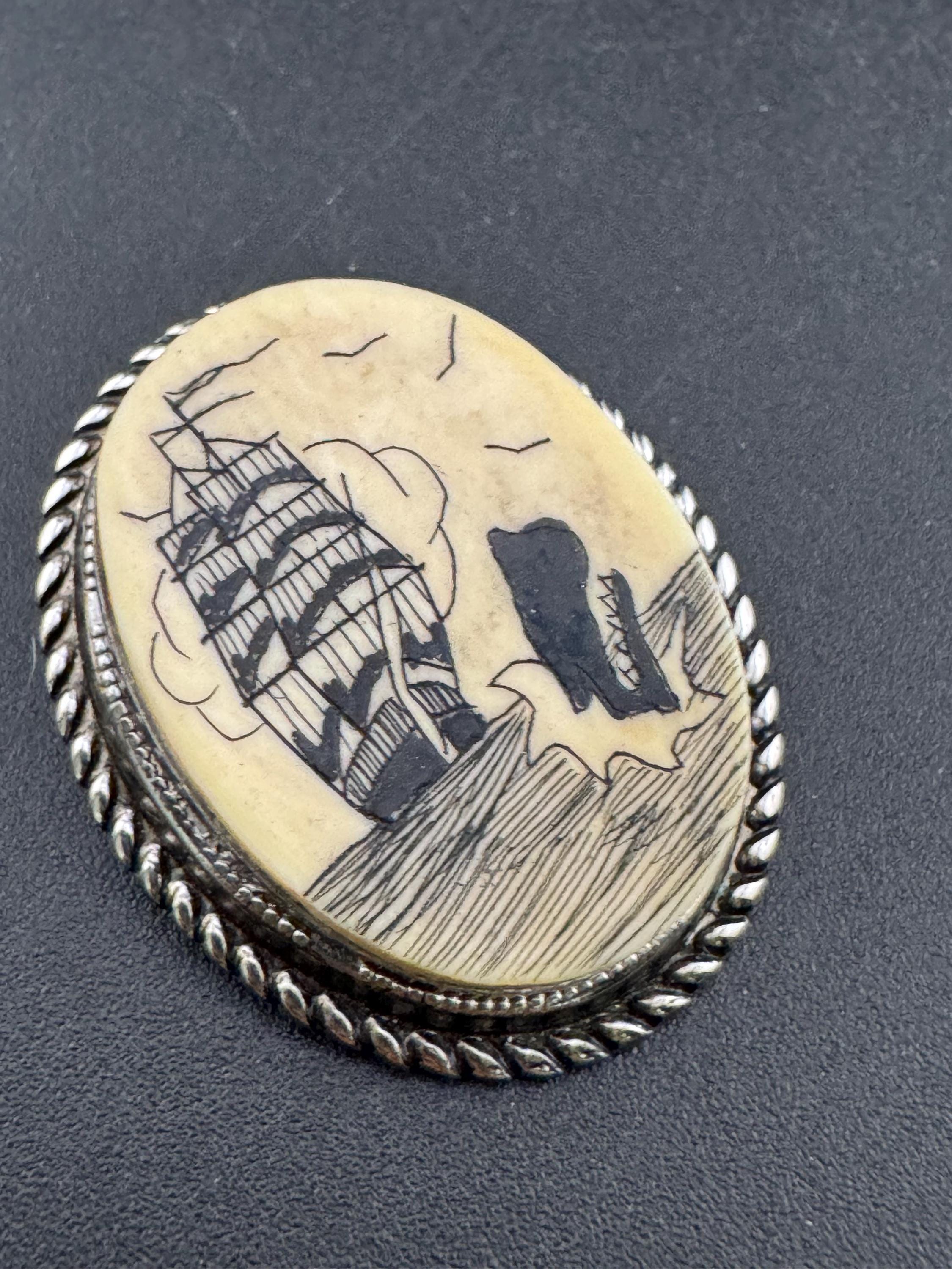 antique style scrimshaw faux bone  silver tone oval brooch, reproduction
