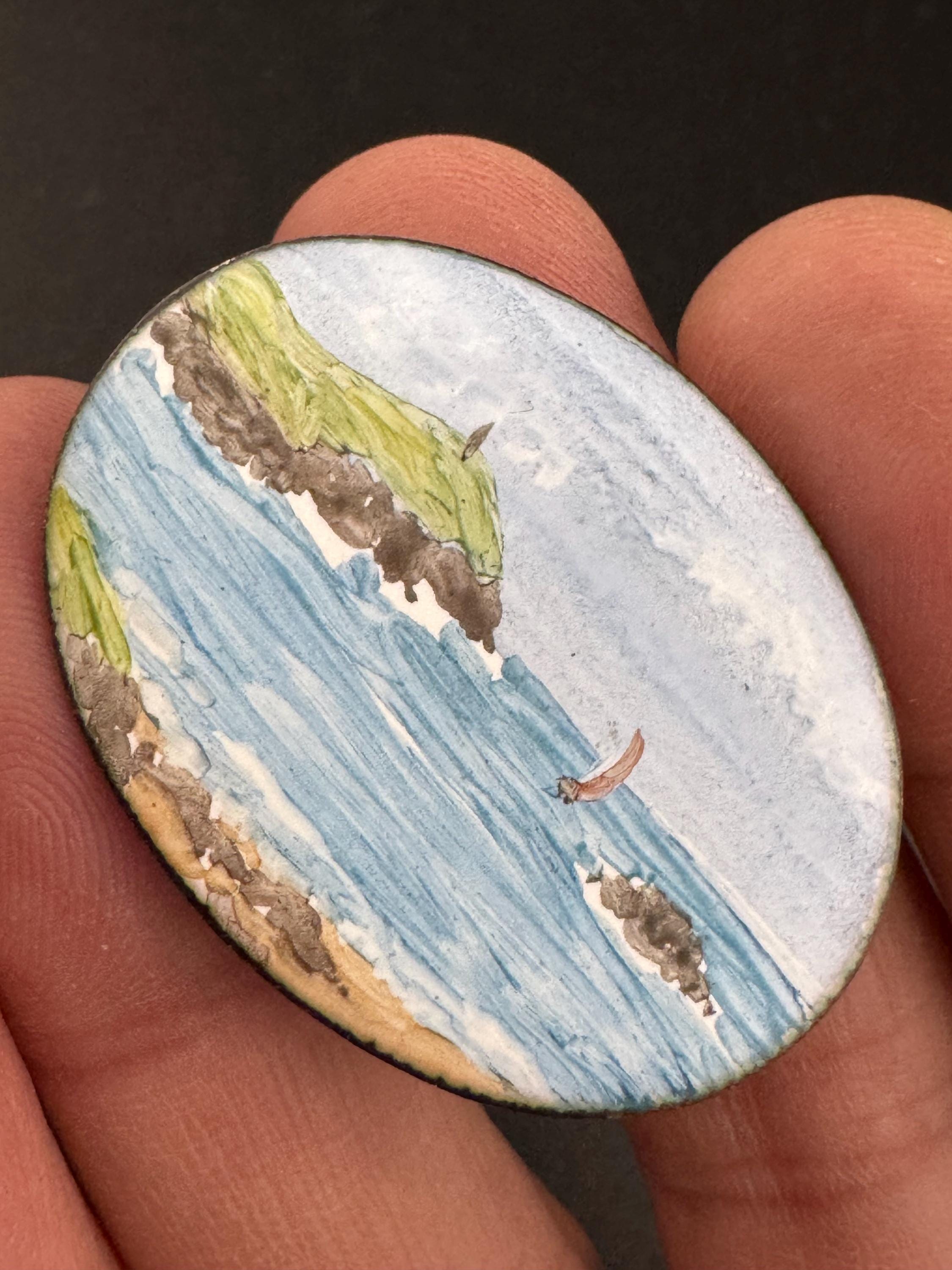 Vintage enamelled oval hand painted seascape nautical seaside summer brooch 5cm
